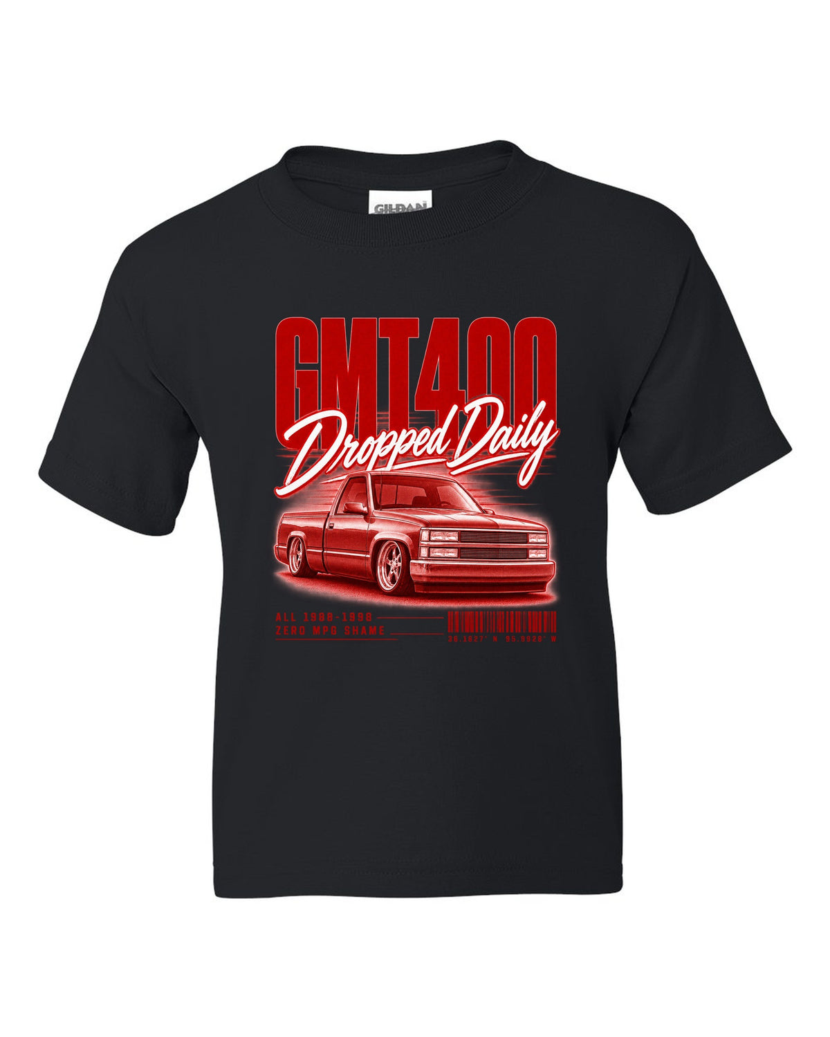 GMT400 OBS regular cab street poster print black kids tee front view with the design