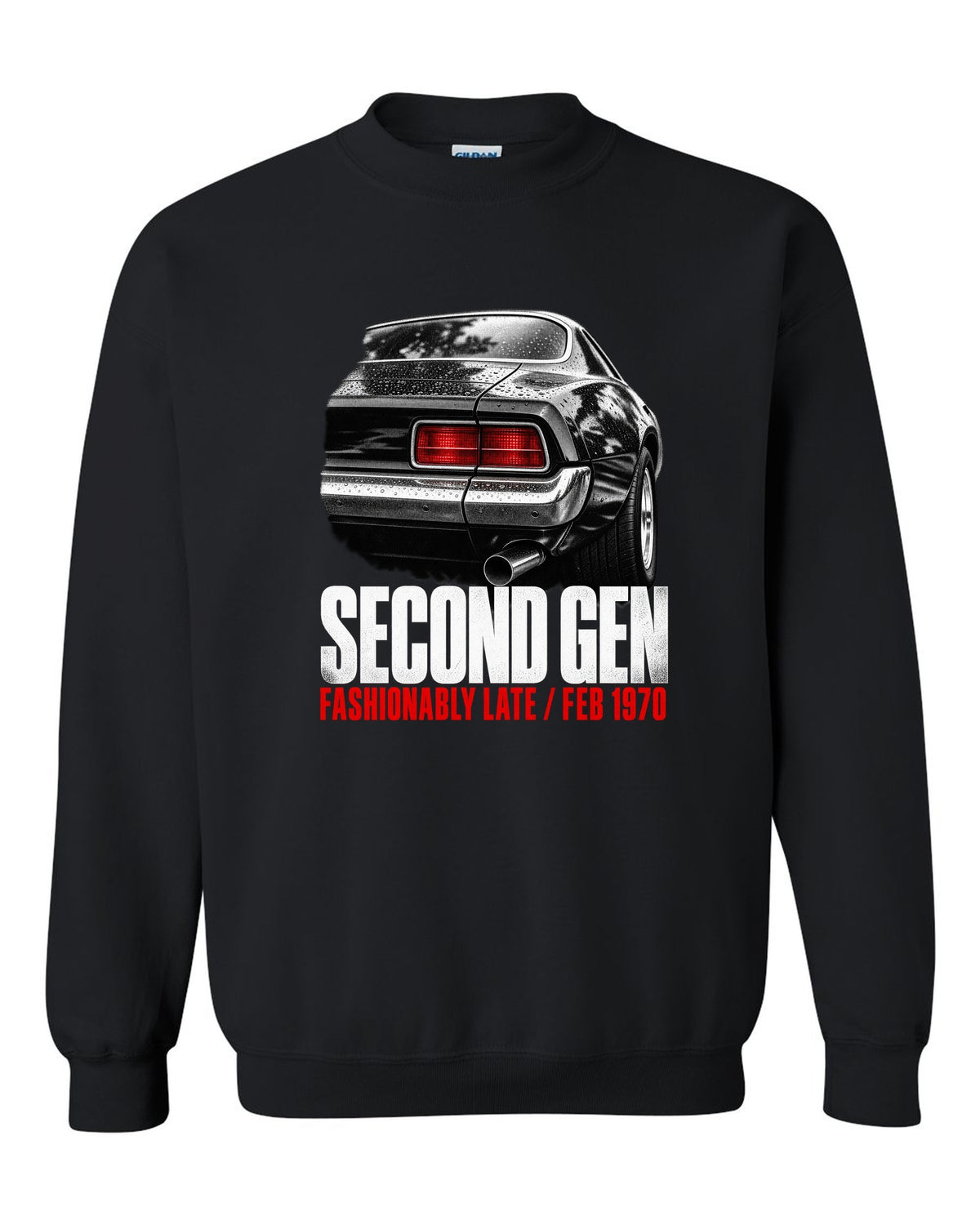 Taillight macro print of a 1970 second-gen Chevrolet Camaro split bumper with Feb 1970 caption black crewneck front view with the design