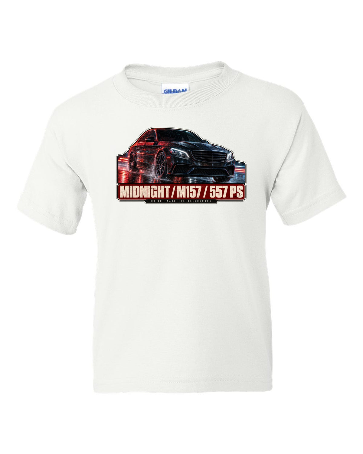 Night street print of a Mercedes-AMG E63 W212 facelift in blue and red light white kids tee front view with the design