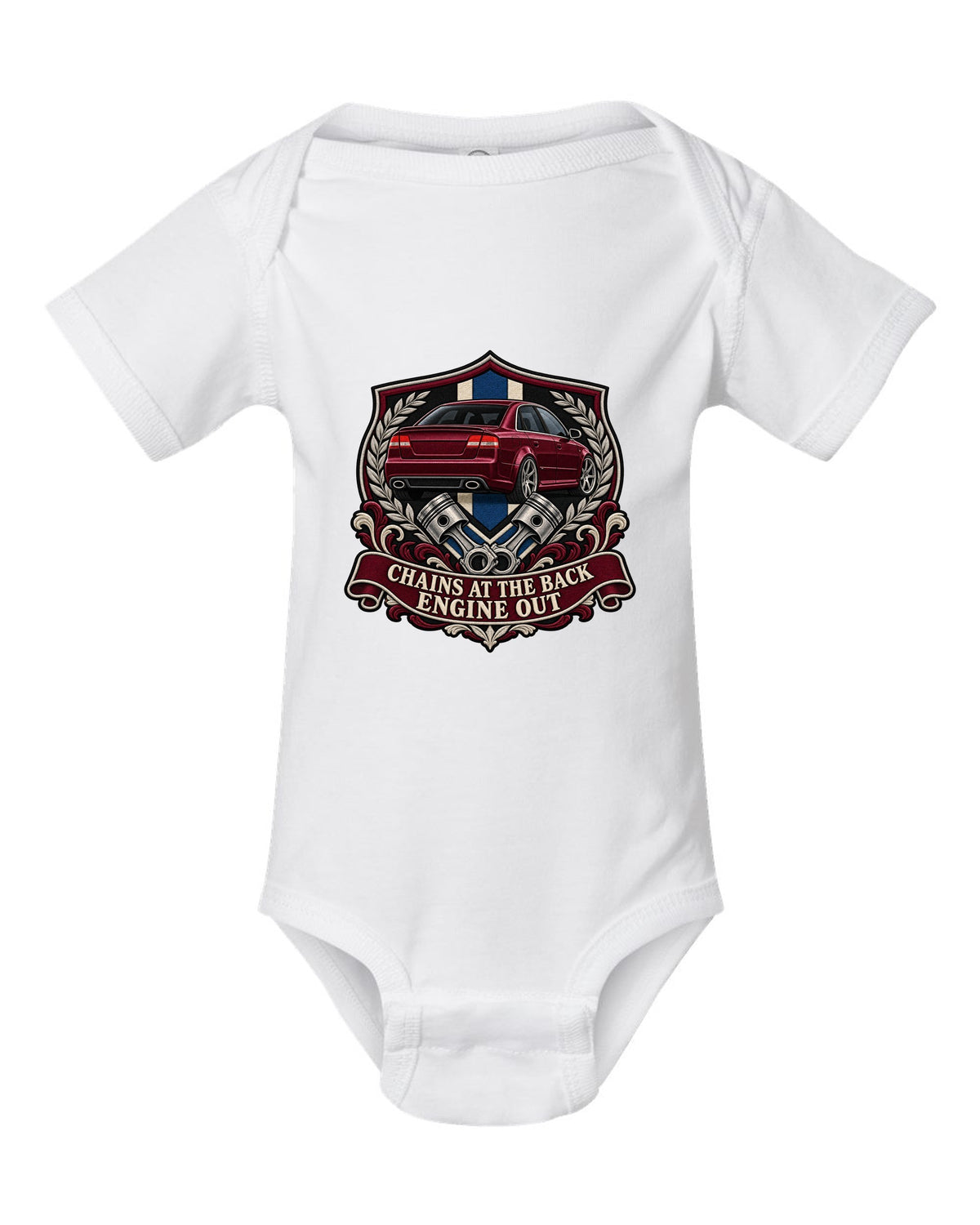 Varsity seal print of an Audi S4 B7 sedan with Engine Out text white baby onesie front view with the design