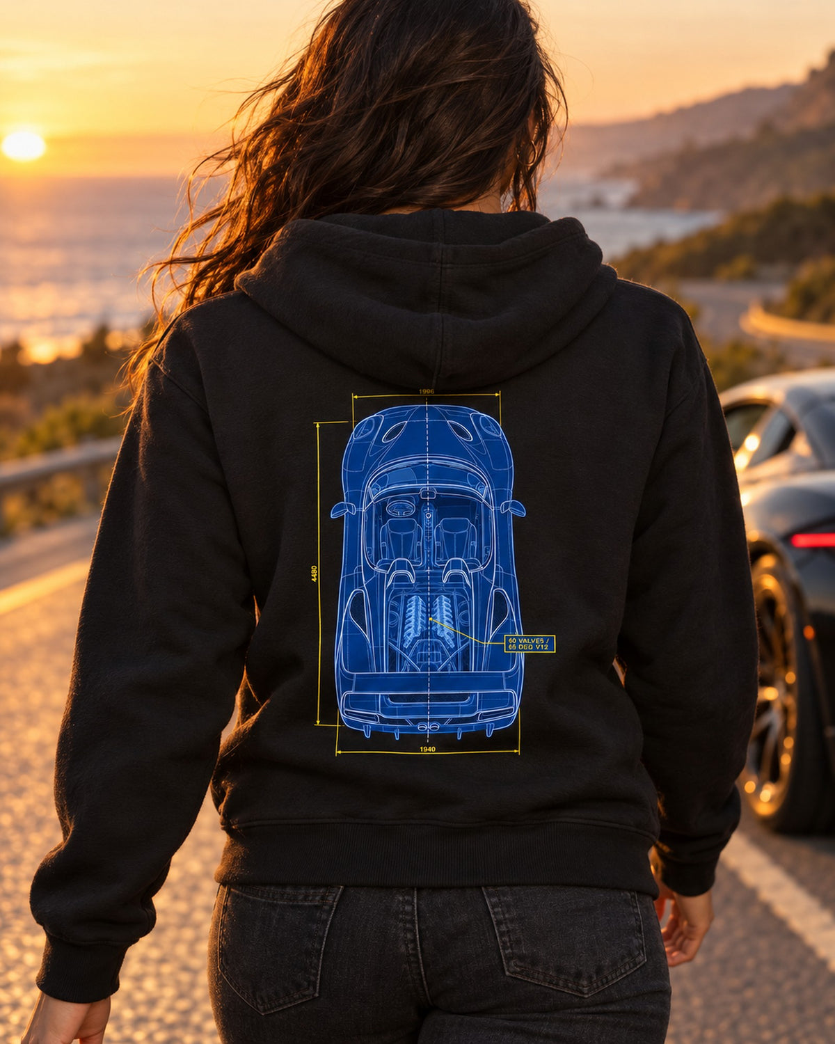 Ferrari F50 Top-Down Plan Blueprint Tee, 60 Valve V12 Zip Hoodie Black worn hero