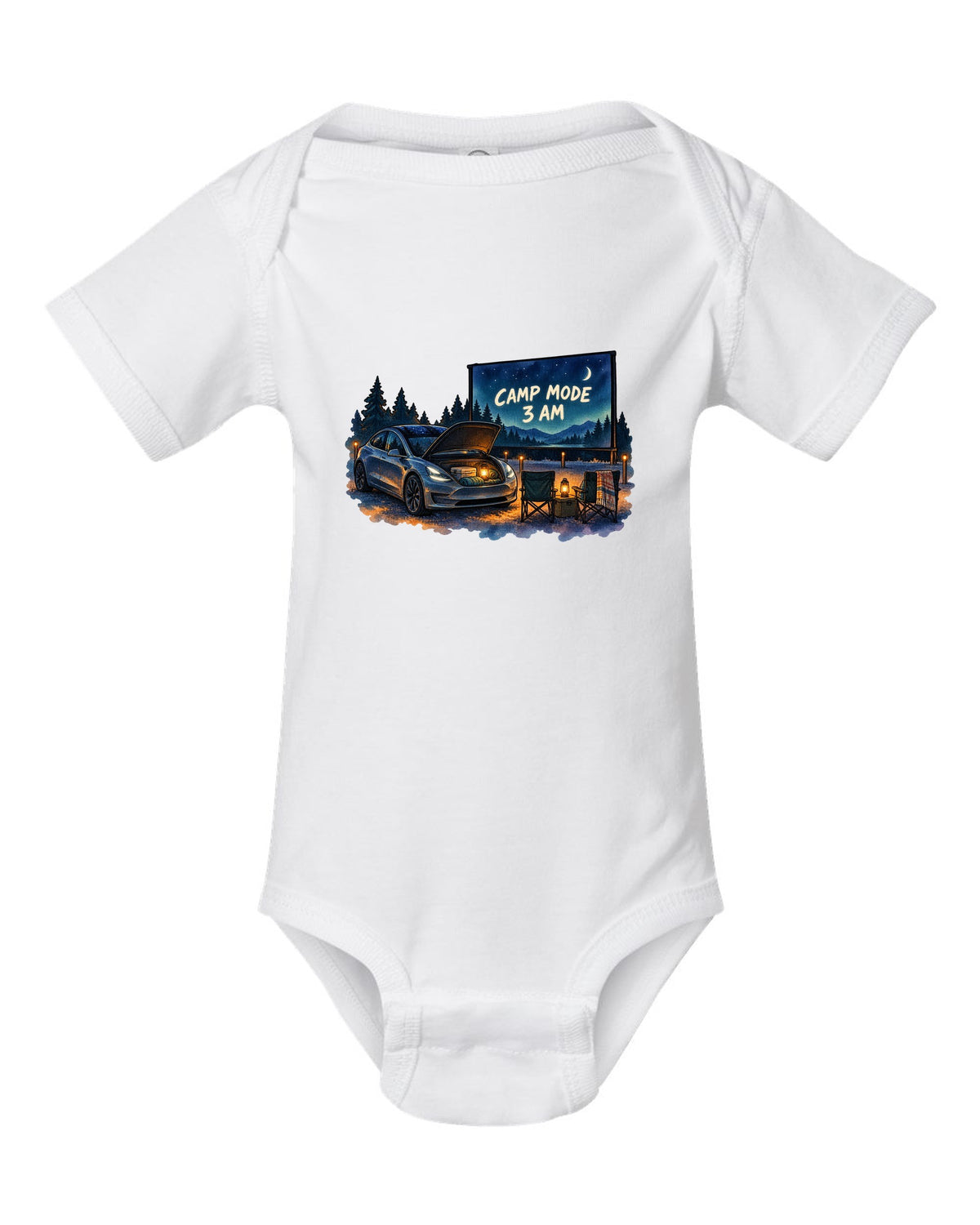 Watercolor wash print of a Tesla Model 3 with the words Camp Mode 3 AM white baby onesie front view with the design