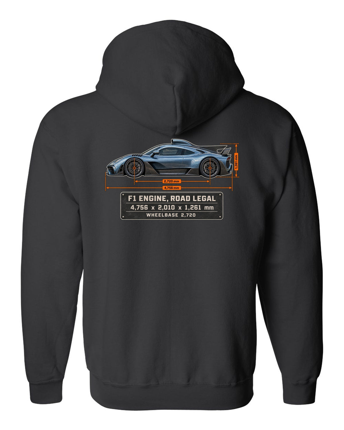 Mercedes-AMG One Dimension Blueprint black zip hoodie back view with the design