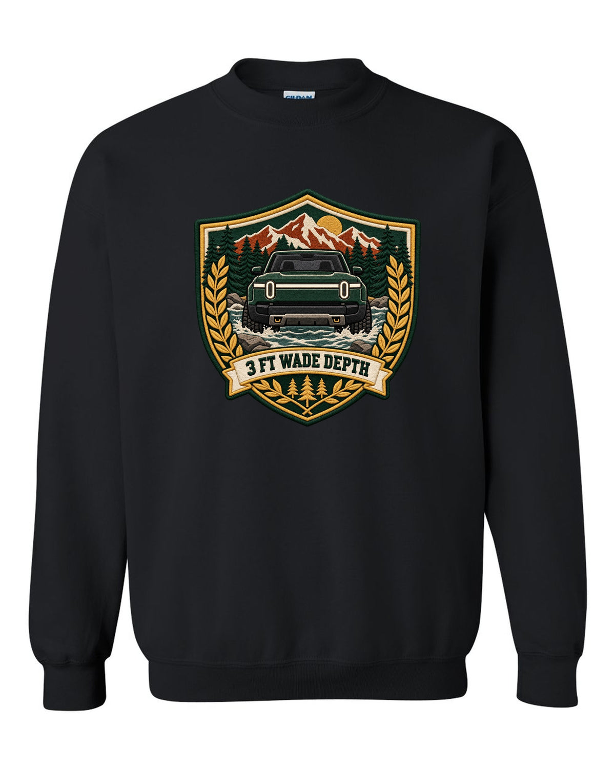 Rivian R1T varsity shield crest print with the text 3 ft wade depth black crewneck front view with the design