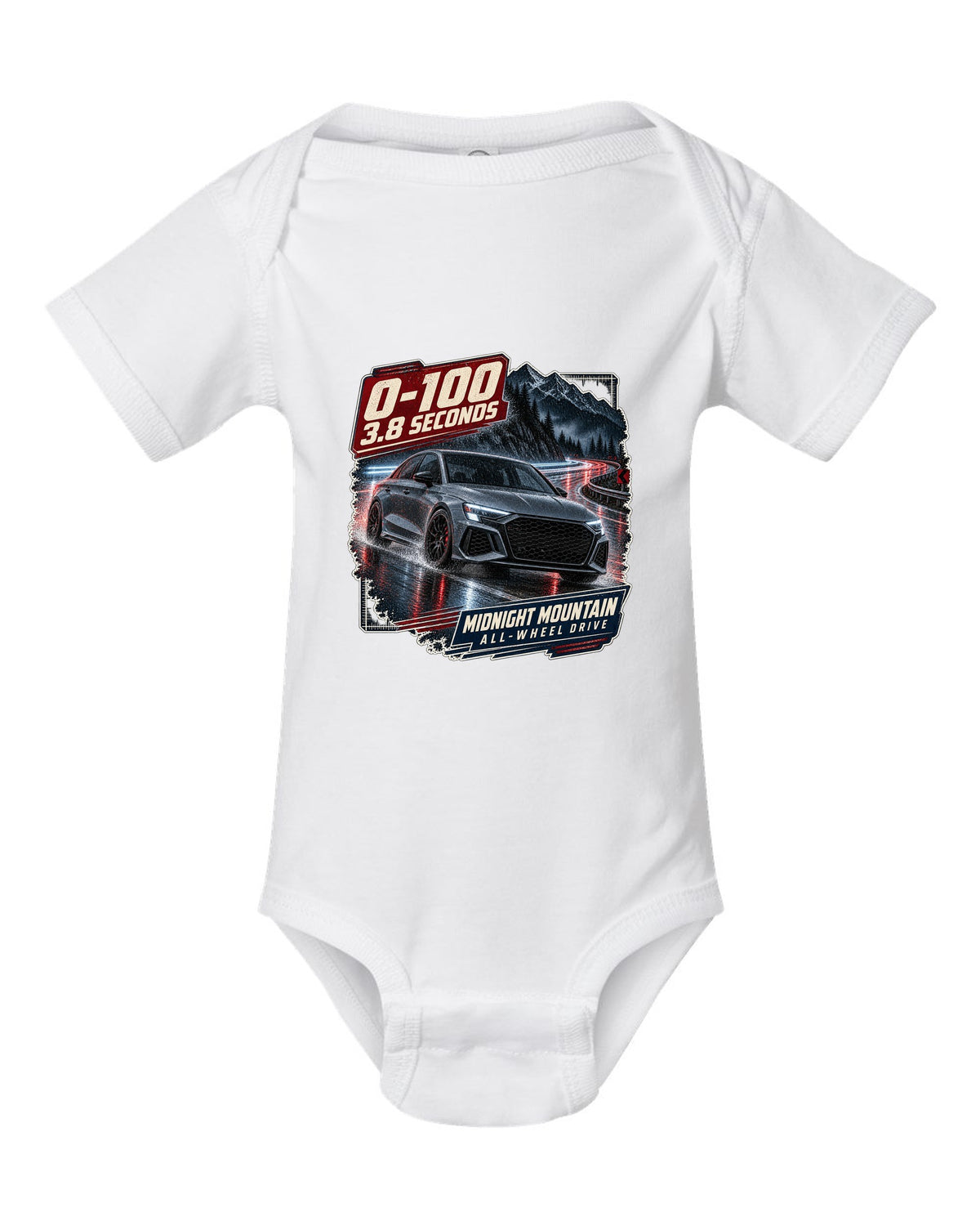 Audi RS3 8Y sedan on a night mountain road with 0-100 caption white baby onesie front view with the design