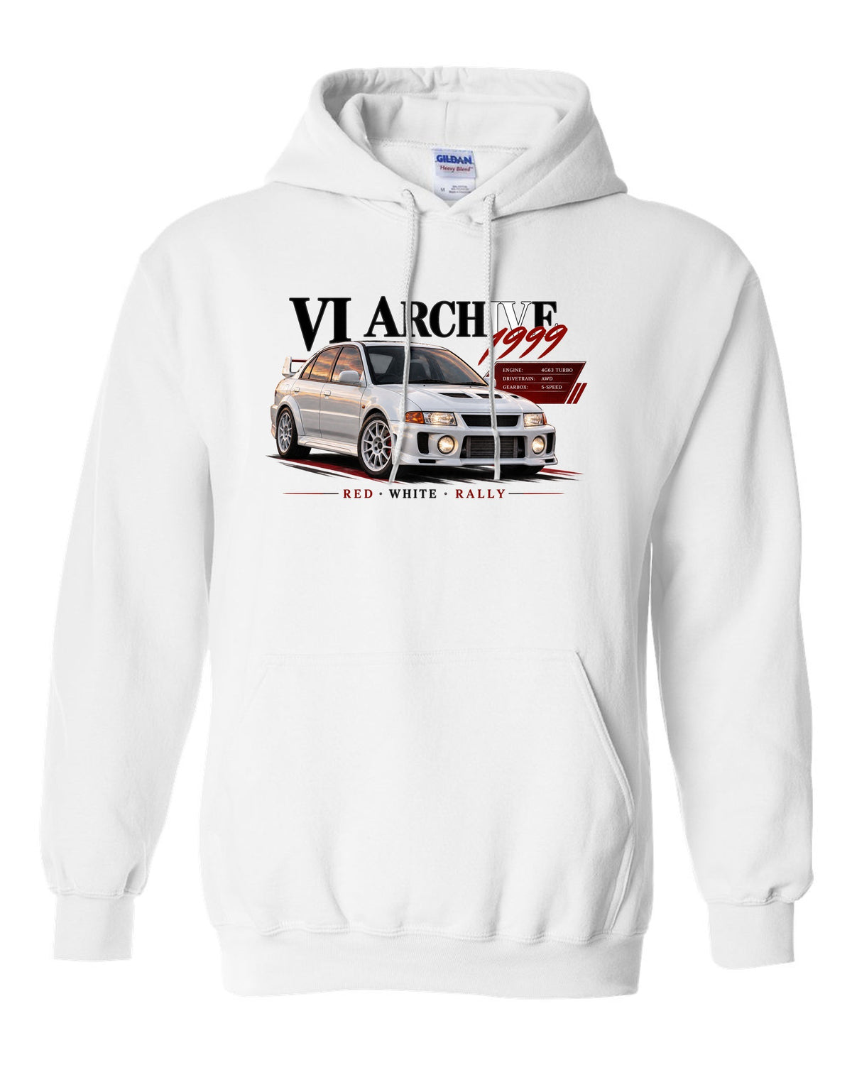 Archive panel print for the Mitsubishi Lancer Evolution VI CP9A listing 4G63 turbo, AWD, 5-speed, red white rally white pull over hoodie front view with the design