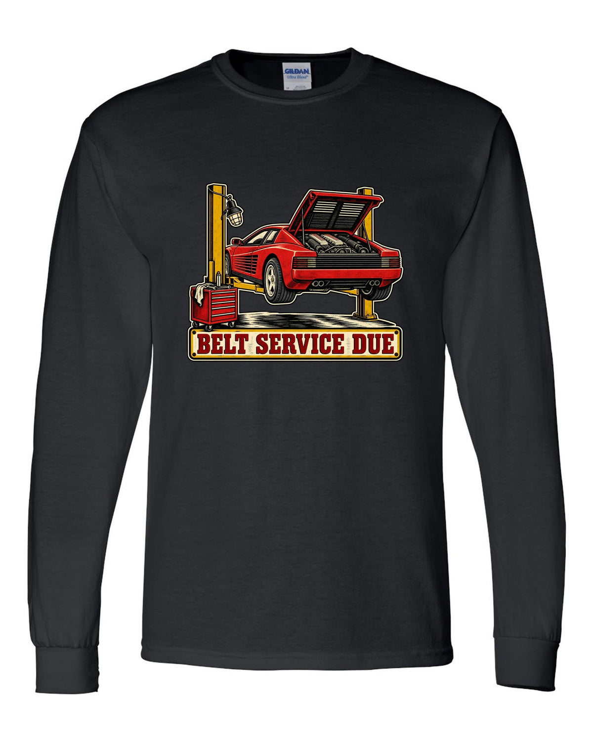 Two-colour linocut of Ferrari Testarossa with belt service due text black long sleeve front view with the design