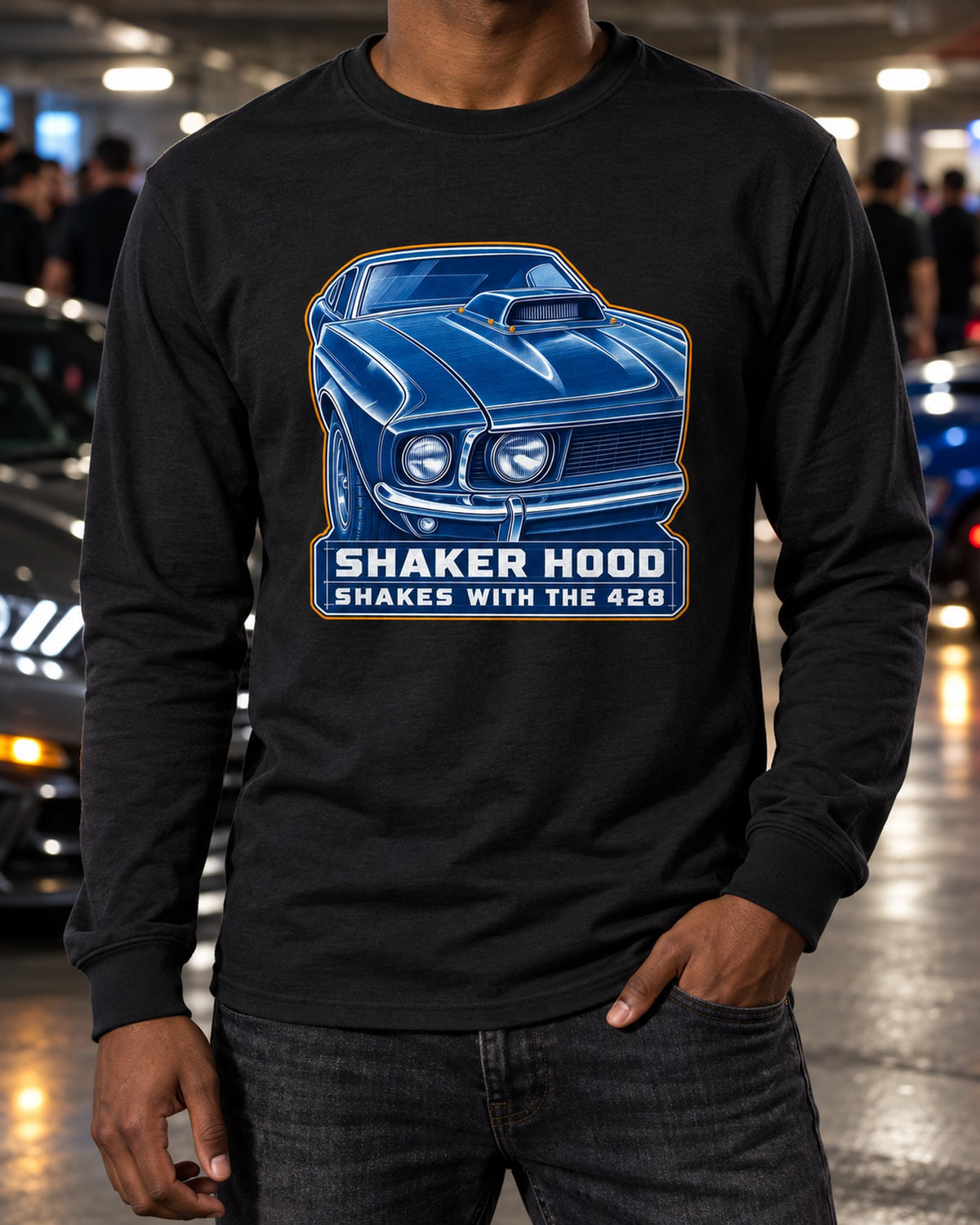 1969 Ford Mustang Fastback Shaker Hood Cyanotype Shirt Long Sleeve Black worn hero
