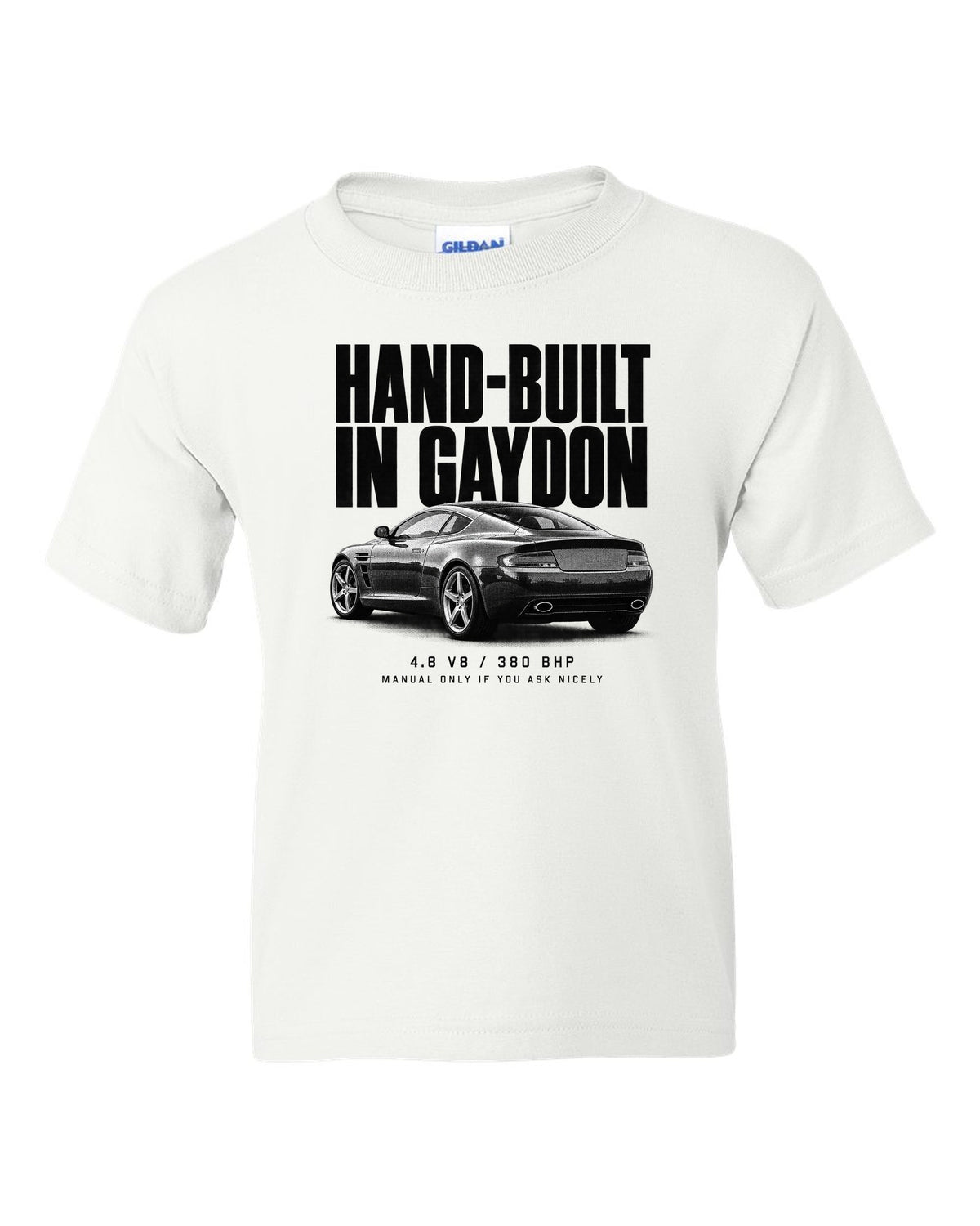 Aston Martin V8 Vantage 2005 halftone print with Gaydon text white kids tee front view with the design