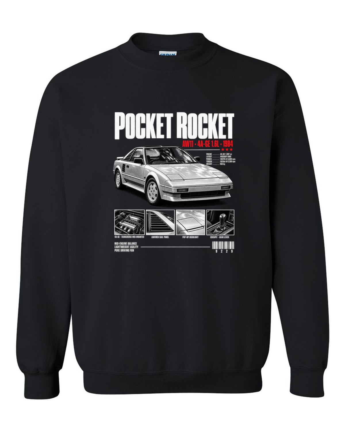 Dossier panel print of a Toyota MR2 AW11 with Pocket Rocket and 4A-GE text black crewneck front view with the design