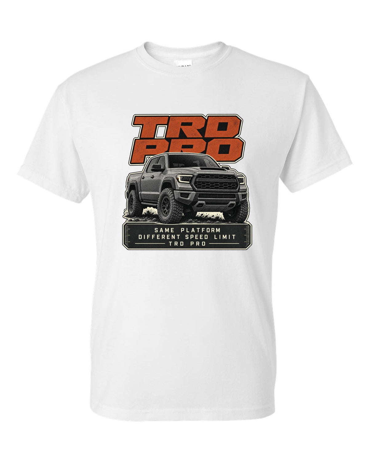 Toyota Tundra TRD Pro halftone statement design white t-shirt front view with the design