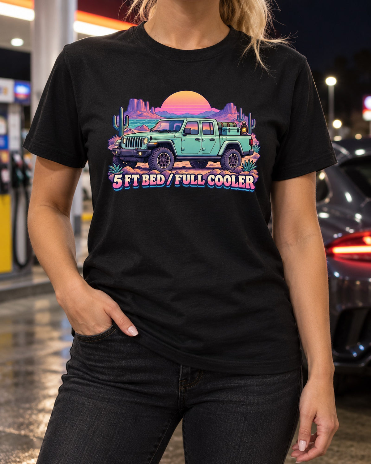 Jeep Gladiator JT 5 Ft Bed Cooler Vaporwave Tee, Truck Gift T-Shirt Black worn hero