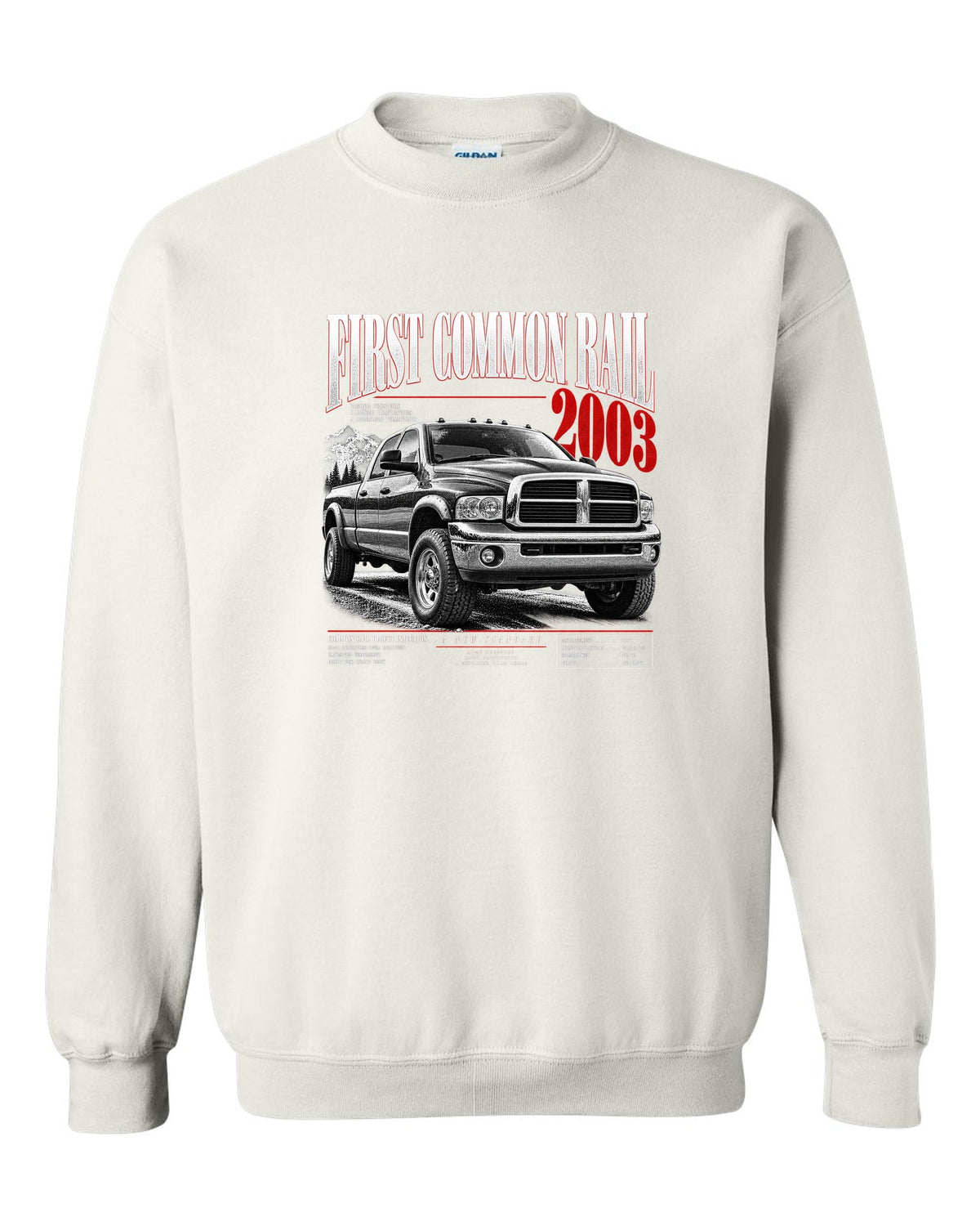 Editorial headline of a 2003-2009 Ram 2500 3rd gen with the text First Common Rail 2003 white crewneck front view with the design