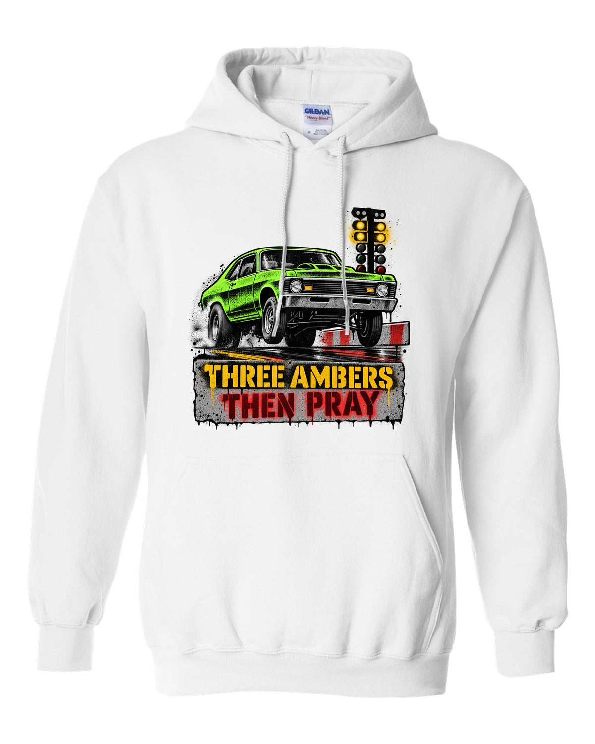 Stencil spray street art of a 1971 Chevrolet Nova at the drag strip starting line white pull over hoodie front view with the design
