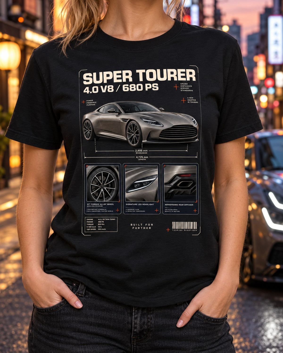 Aston Martin DB12 Dossier Panels Shirt, Super Tourer 4.0 V8 T-Shirt Black worn hero