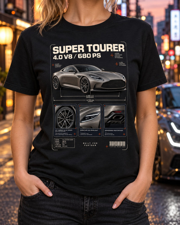 Aston Martin DB12 Dossier Panels Shirt, Super Tourer 4.0 V8 T-Shirt Black worn hero