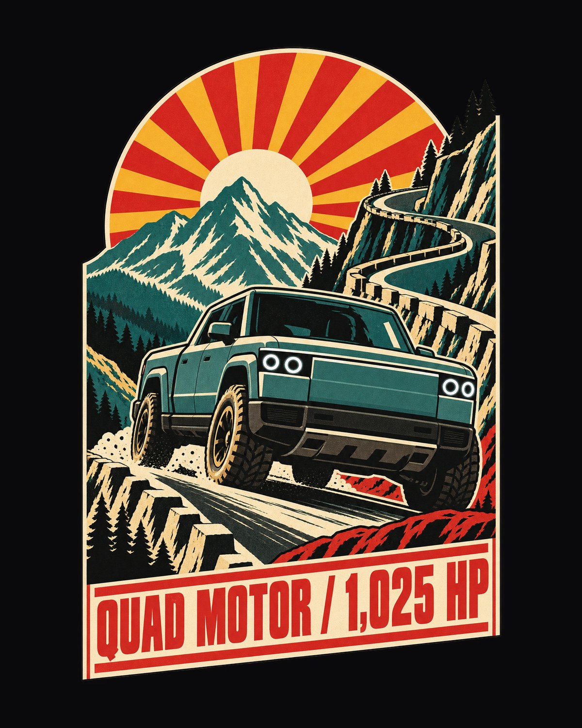 Quad Motor Hill Climb Rivian R1T 1960s Race Poster Shirt design only