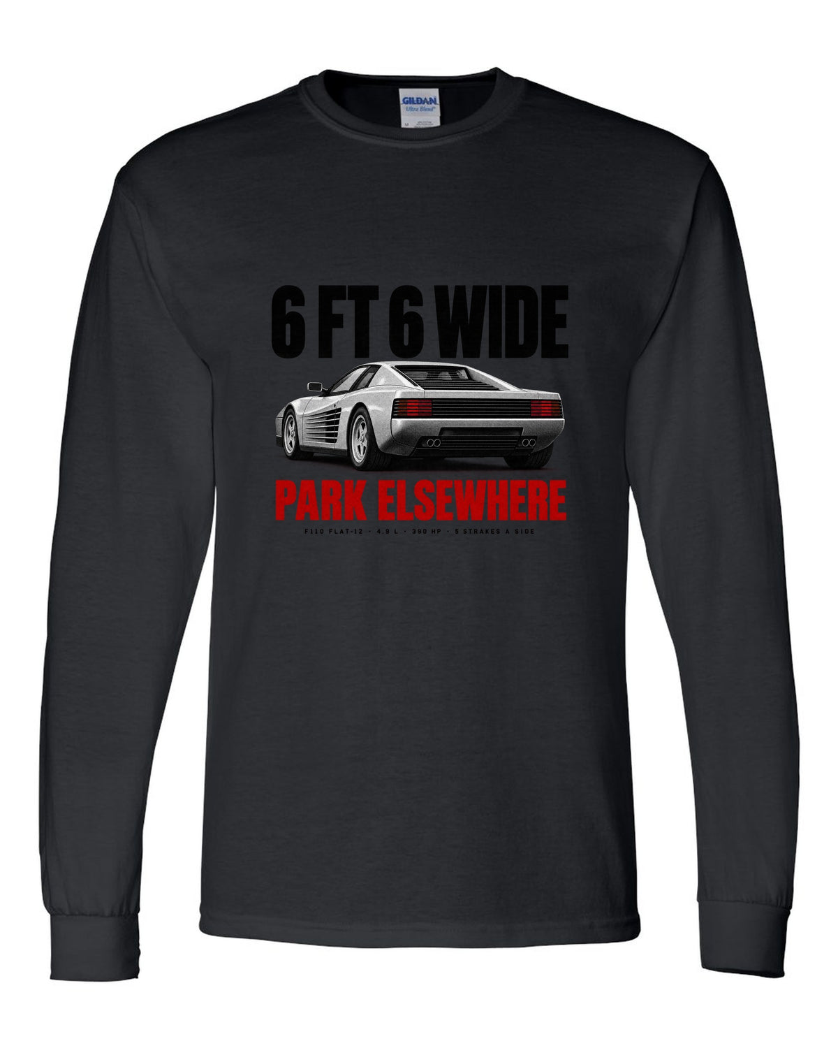 Ferrari Testarossa F110 1984 halftone print, 6 ft 6 wide, park elsewhere black long sleeve front view with the design