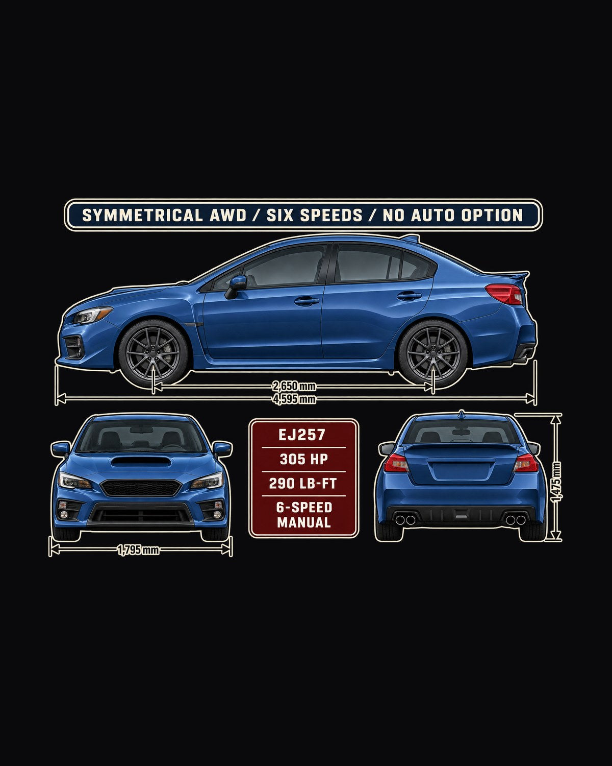 Subaru WRX STI VA Three-View Spec Table Tee, Manual Only design only