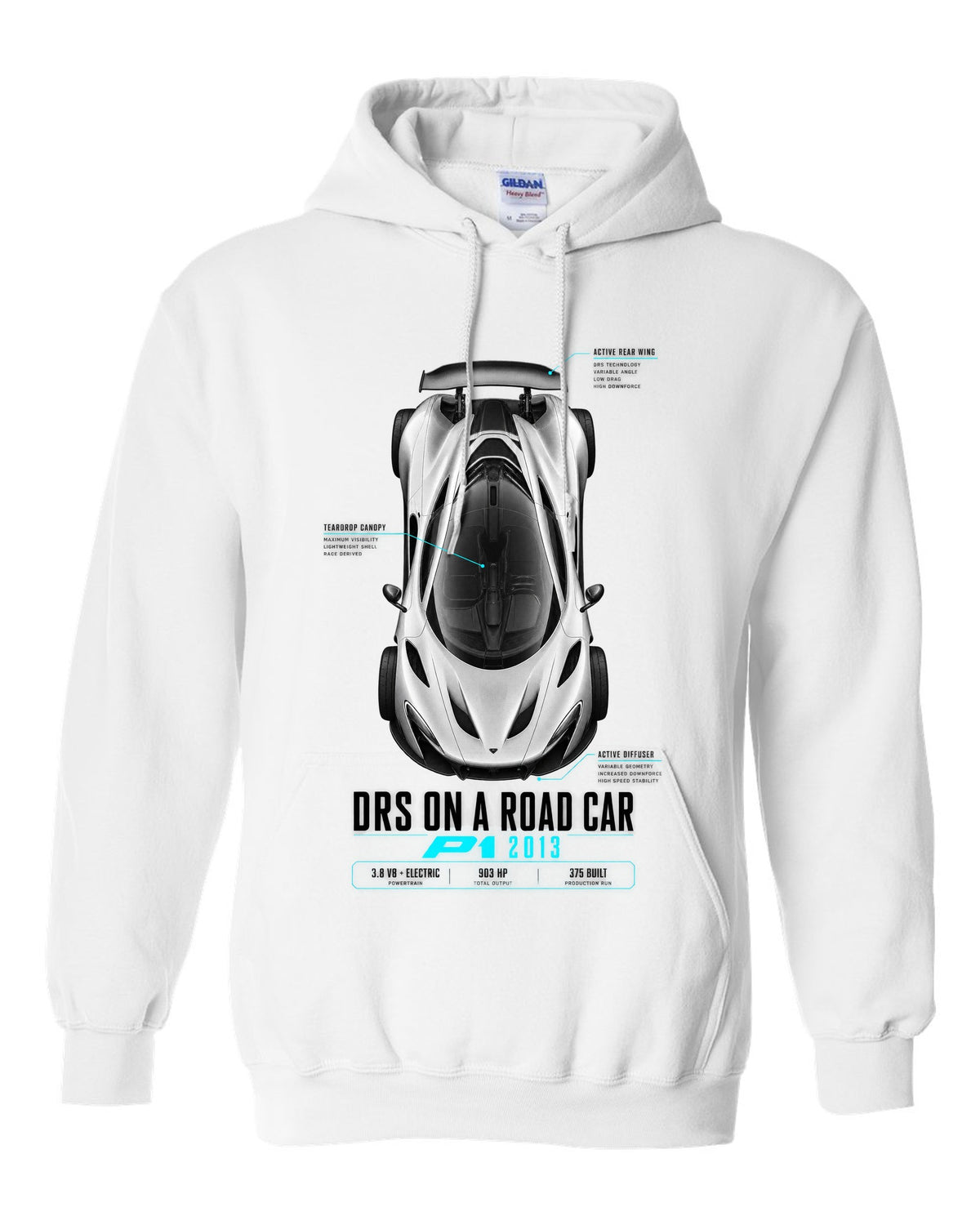 Spec poster print of a 2013 McLaren P1 with DRS on a road car text white pull over hoodie front view with the design