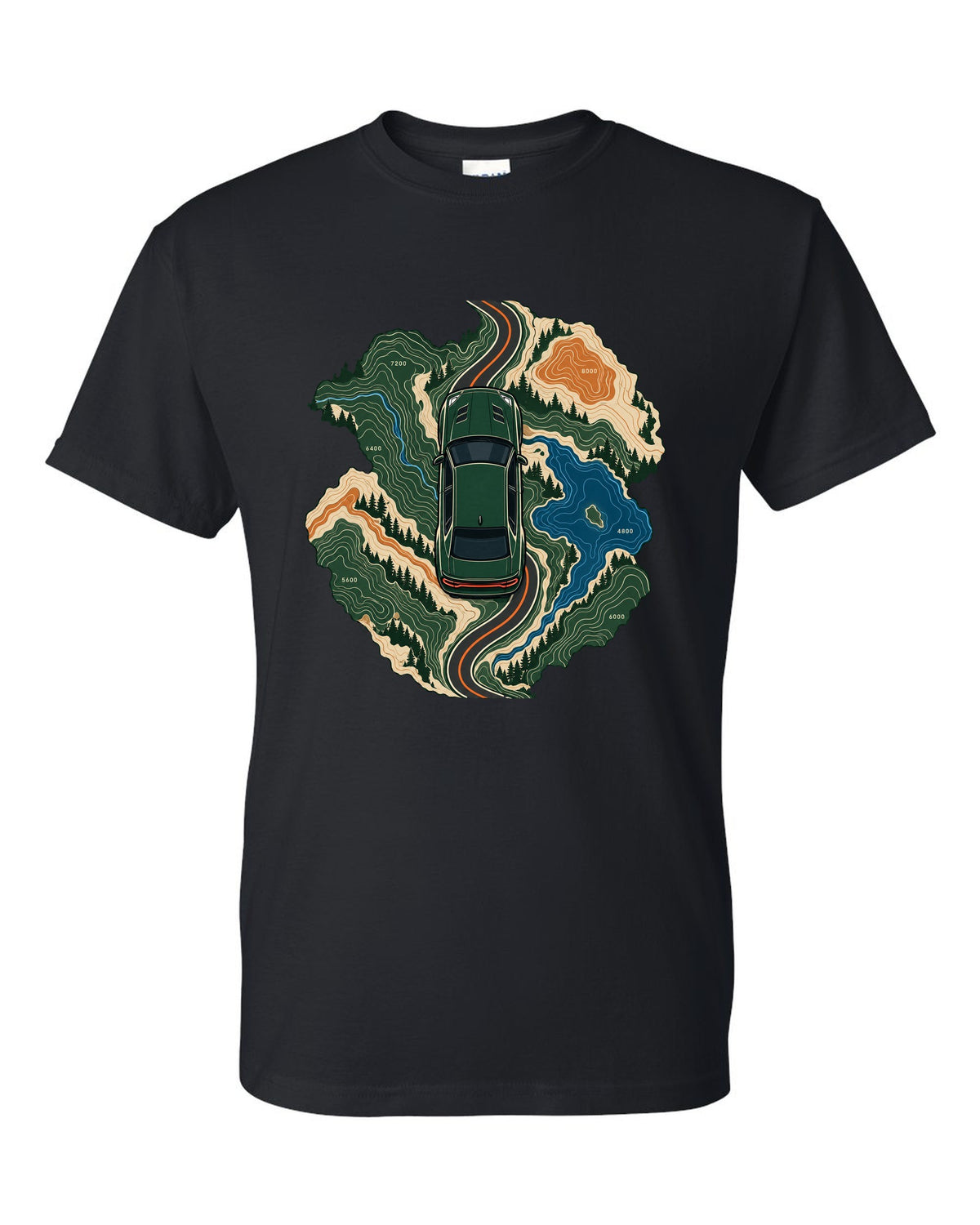 Topographic route map design with a 2019 Dodge Charger Scat Pack and 392 HEMI caption black t-shirt front view with the design