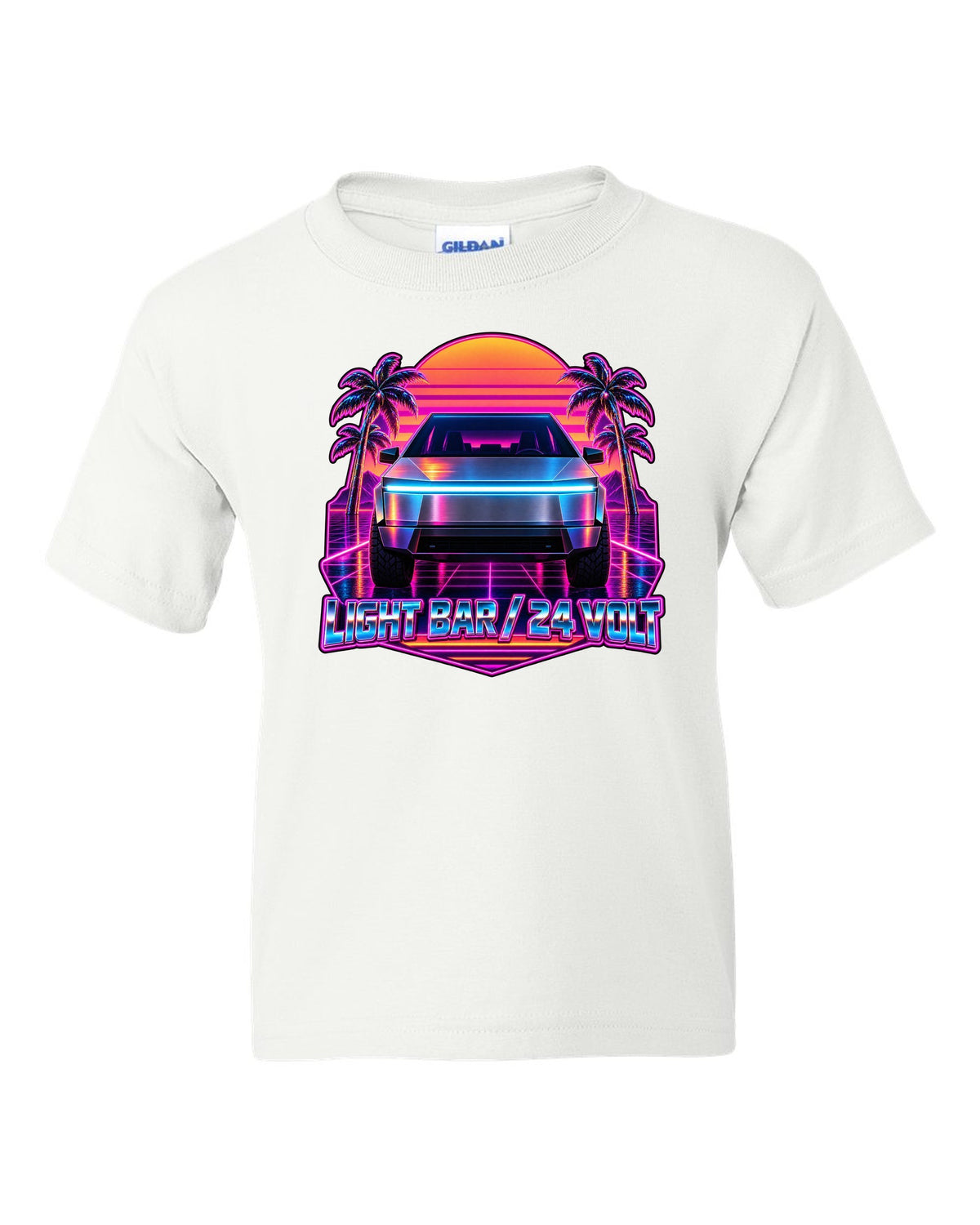 Neon synthwave outrun scene of a 2023 Tesla Cybertruck with the words Light Bar 24 Volt white kids tee front view with the design