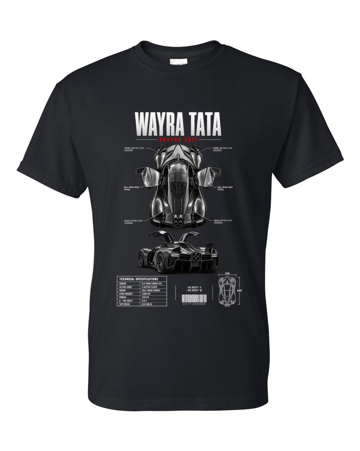 Spec poster print of a 2011 Pagani Huayra with four centre exhausts and gull-wing doors black t-shirt front view with the design