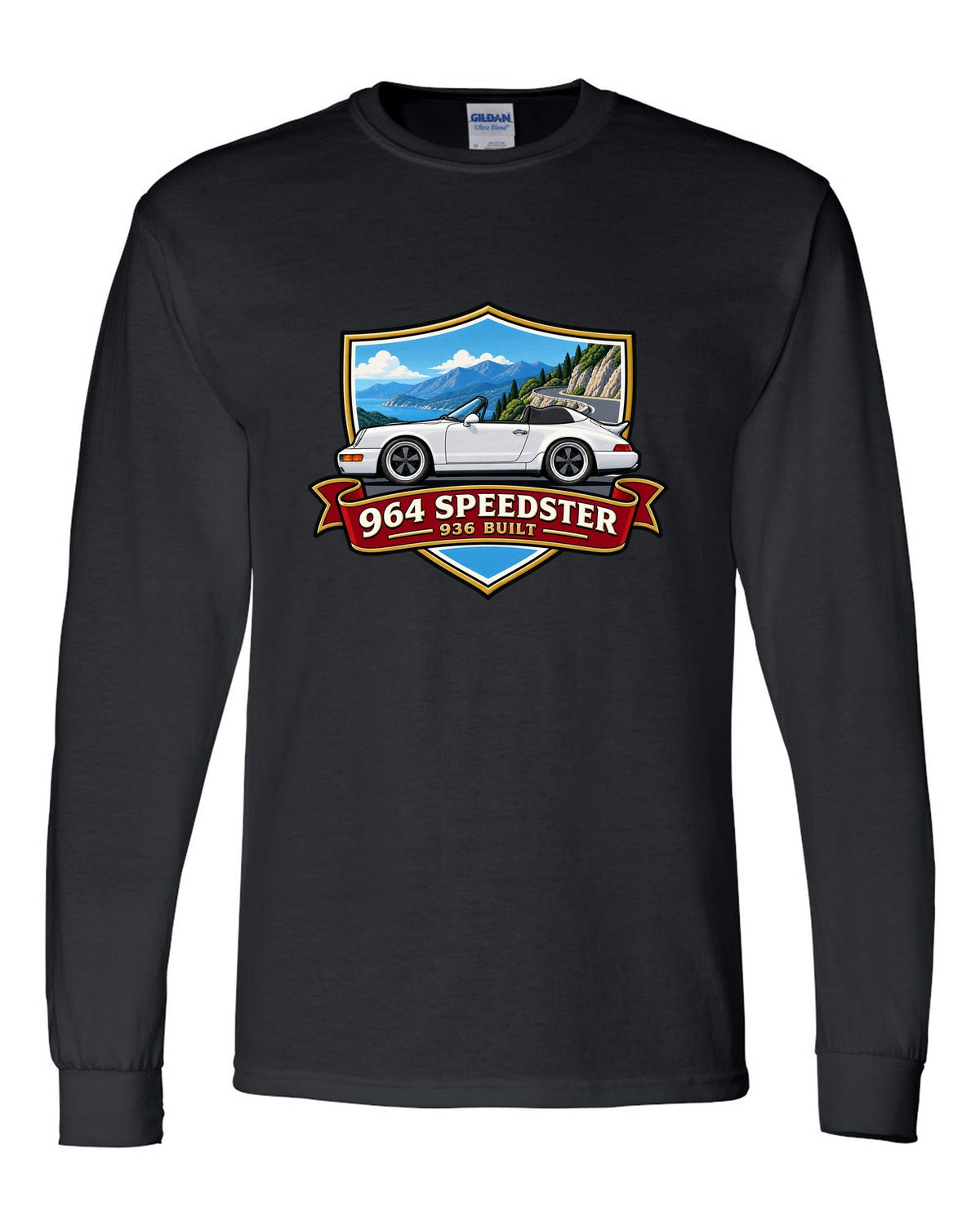 Shield crest design for the Porsche 964 Speedster with 936 built lettering black long sleeve front view with the design