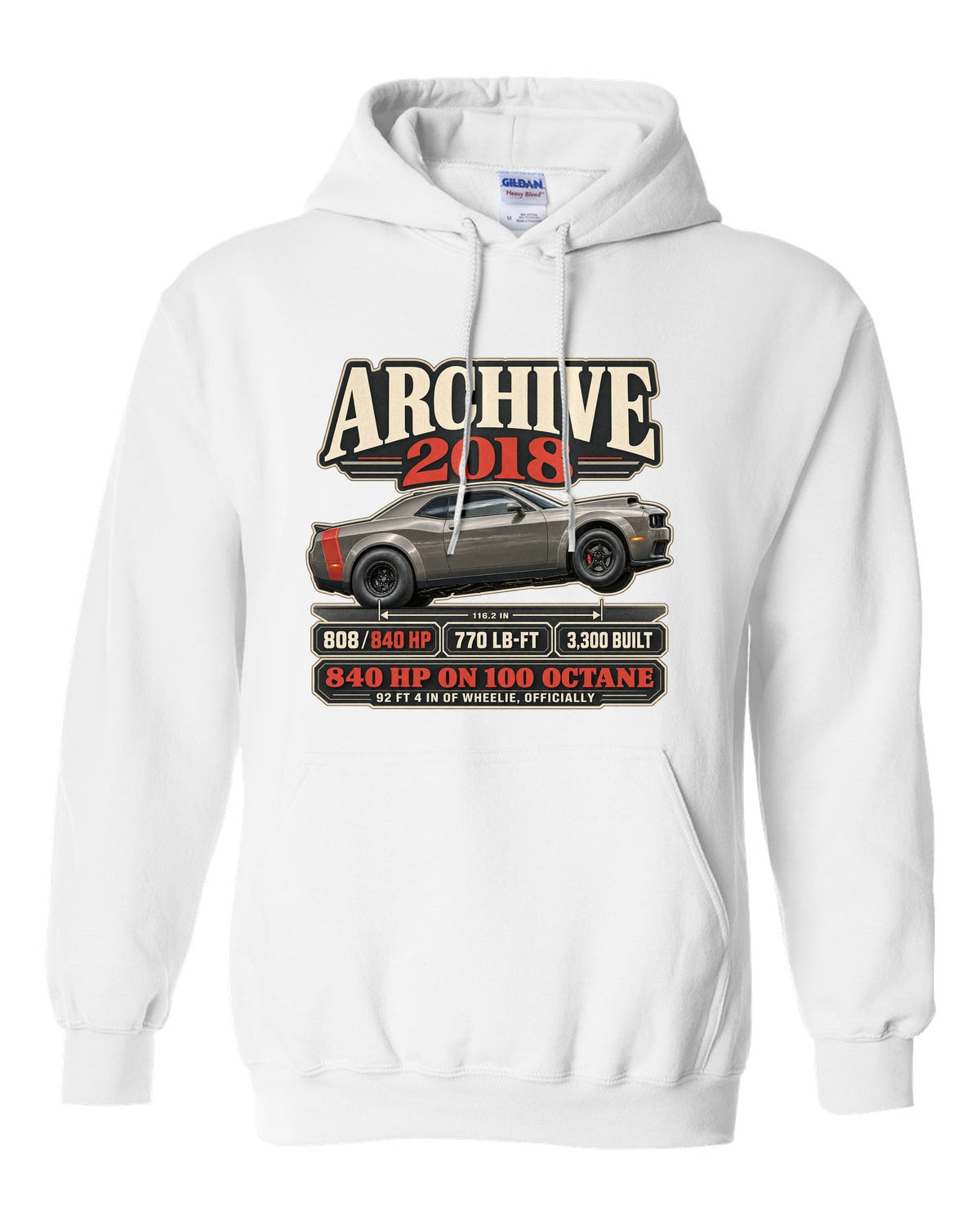 2018 Dodge Challenger SRT Demon archive panel print with 840 HP and wheelie record white pull over hoodie front view with the design