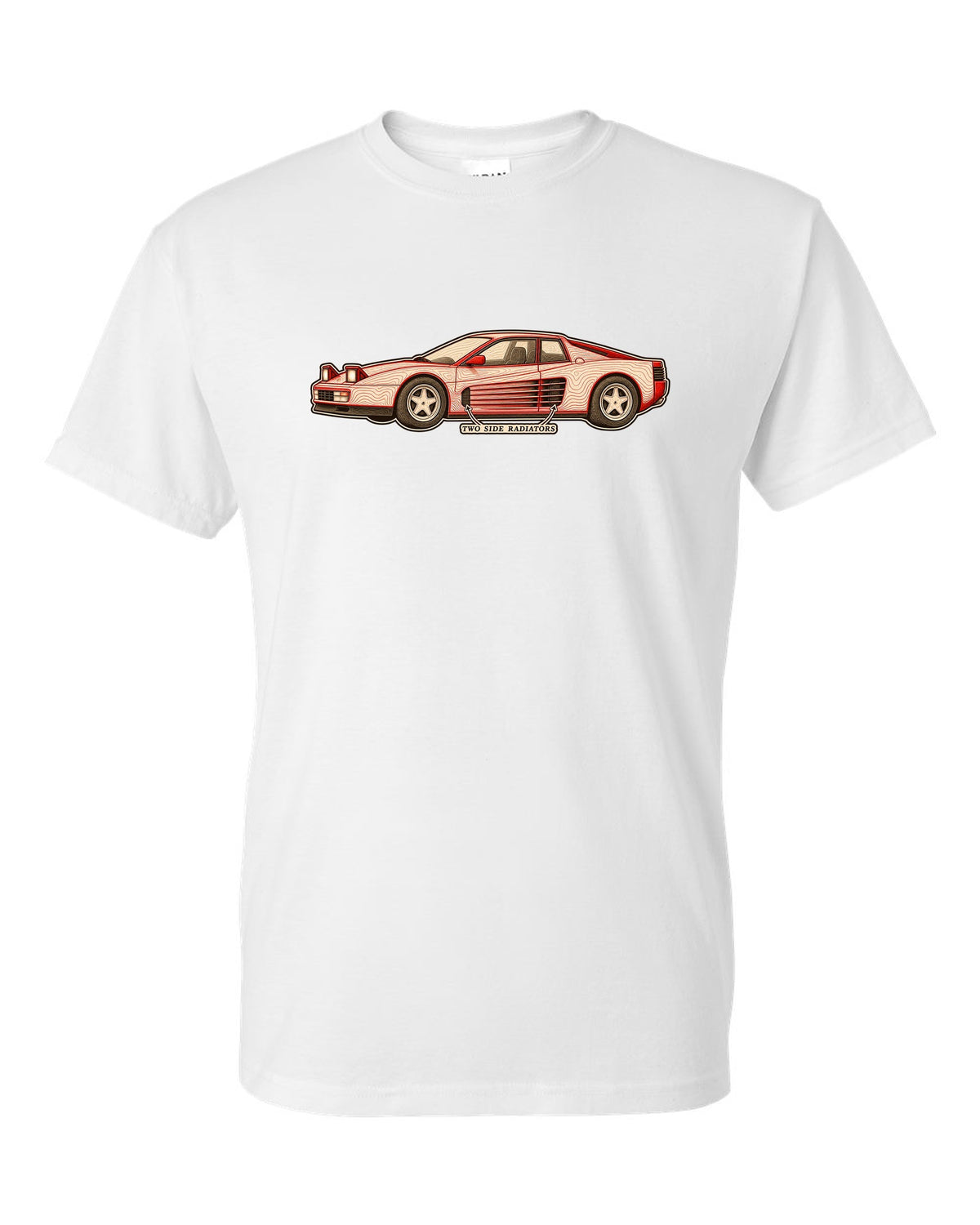 Ferrari Testarossa F110 Side Strake Contour Map white t-shirt front view with the design