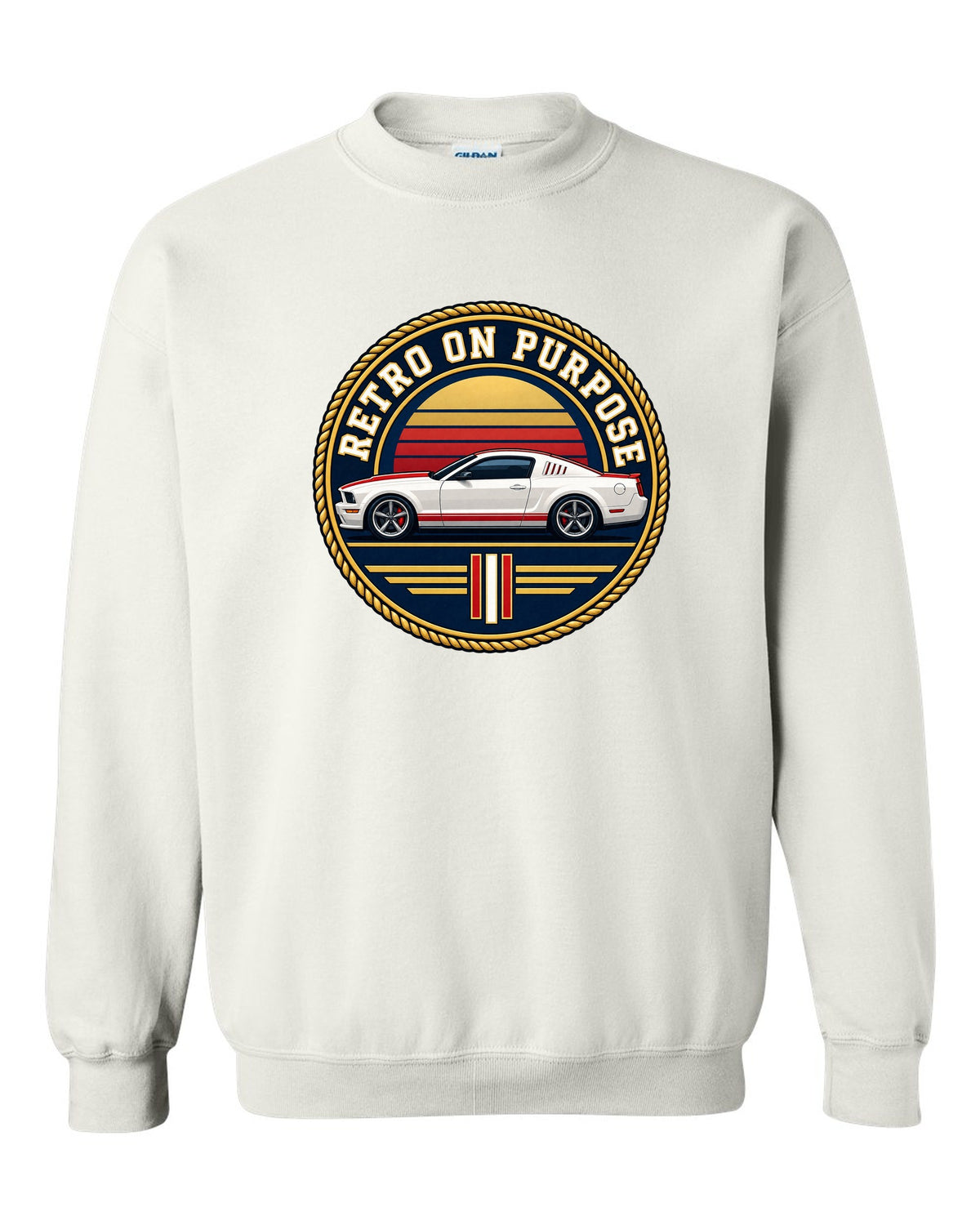 Varsity crest of a 2005-2014 S197 Ford Mustang fastback with Retro on purpose text white crewneck front view with the design