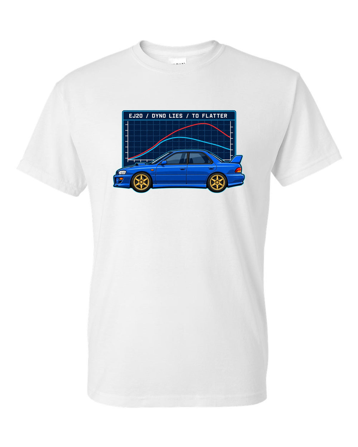 Vintage gauge face illustration pinned at 1.0 bar for a Subaru Impreza 22B STI white t-shirt front view with the design