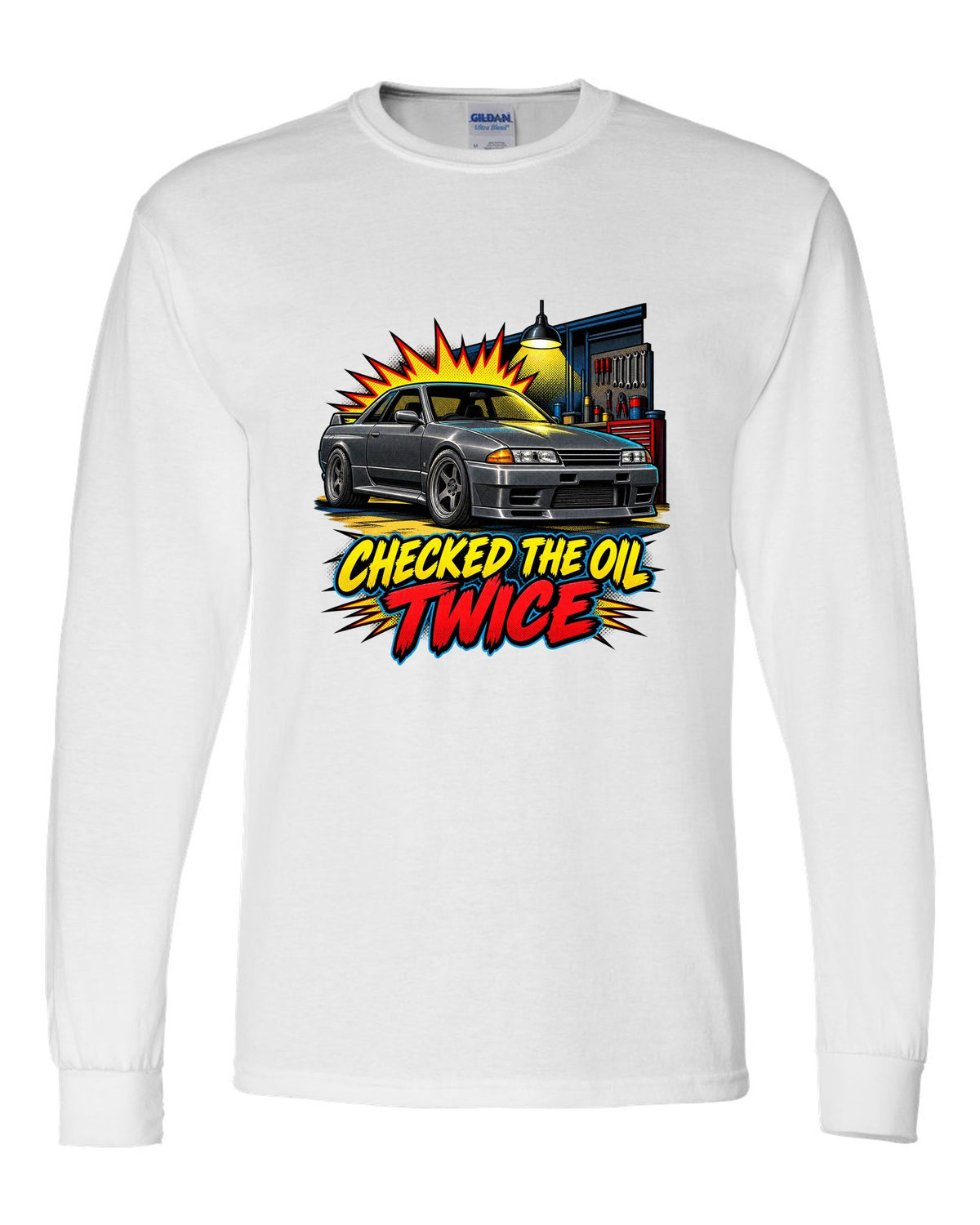 Comic halftone pop-art print of a Nissan Skyline GT-R R32 BNR32 in a garage white long sleeve front view with the design
