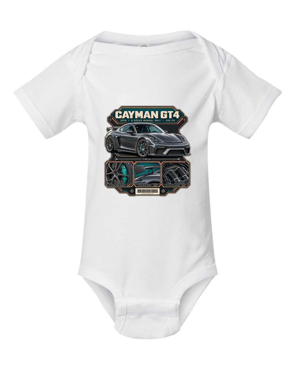 Dossier panel print of a Porsche 718 Cayman GT4 982 white baby onesie front view with the design