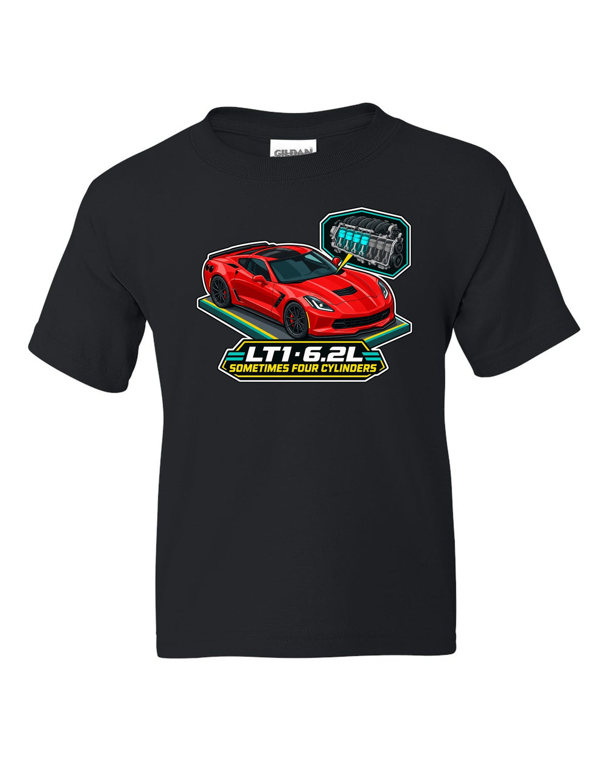 Art deco Le Mans night racing poster print of a yellow Chevrolet Corvette C8.R with LT1 6.2L lettering black kids tee front view with the design
