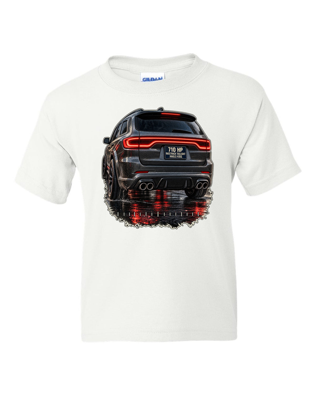 print of a Dodge Durango SRT Hellcat taillight close-up white kids tee front view with the design