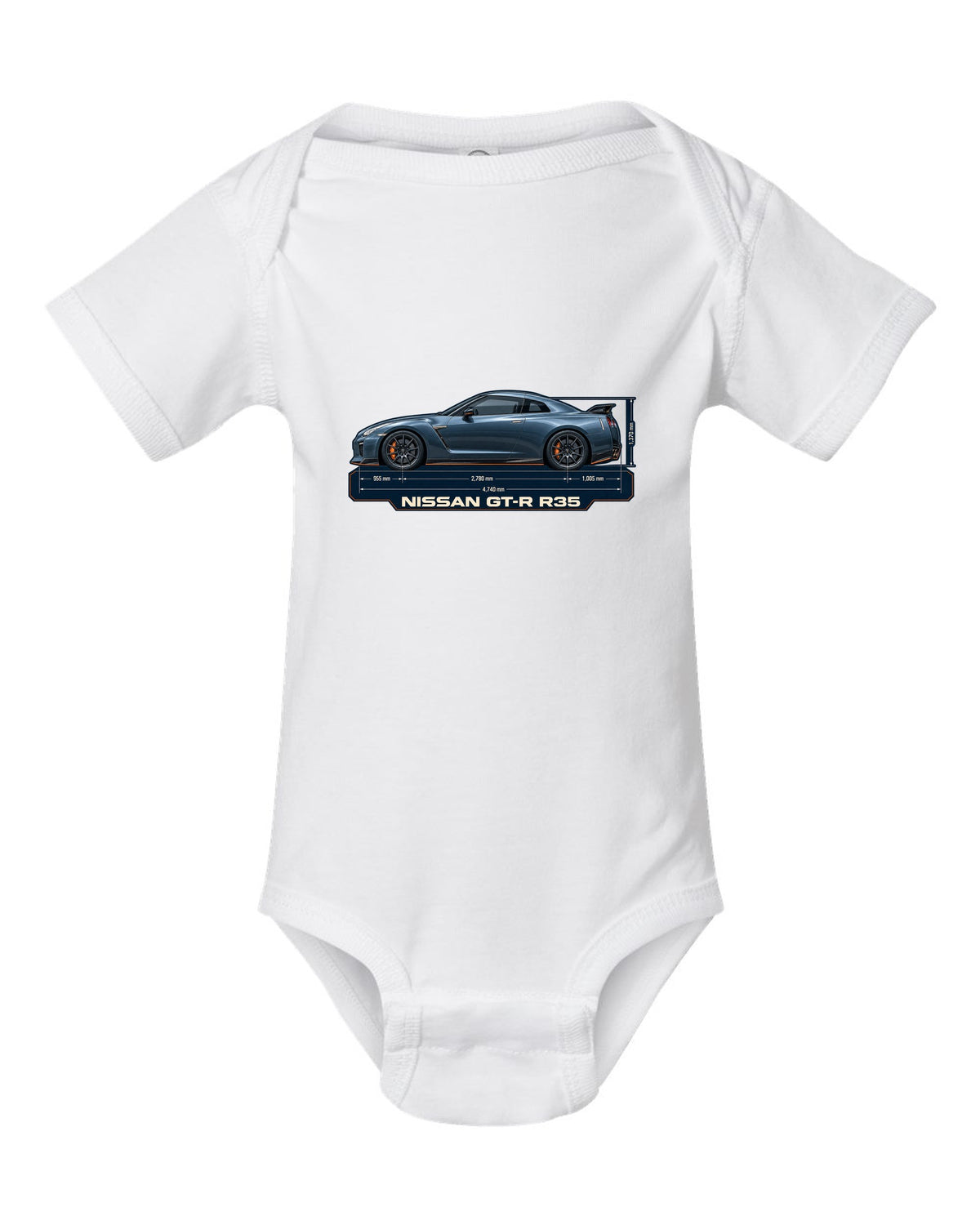 Nissan Z RZ34 Performance dimension blueprint in graphite blue white baby onesie front view with the design