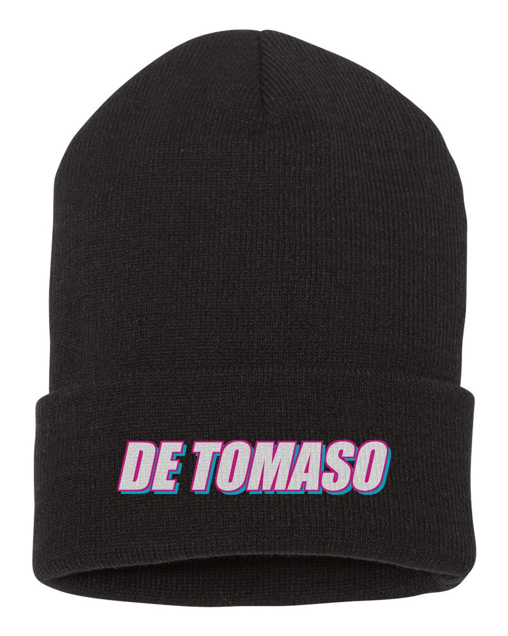De Tomaso black beanie front view with car name