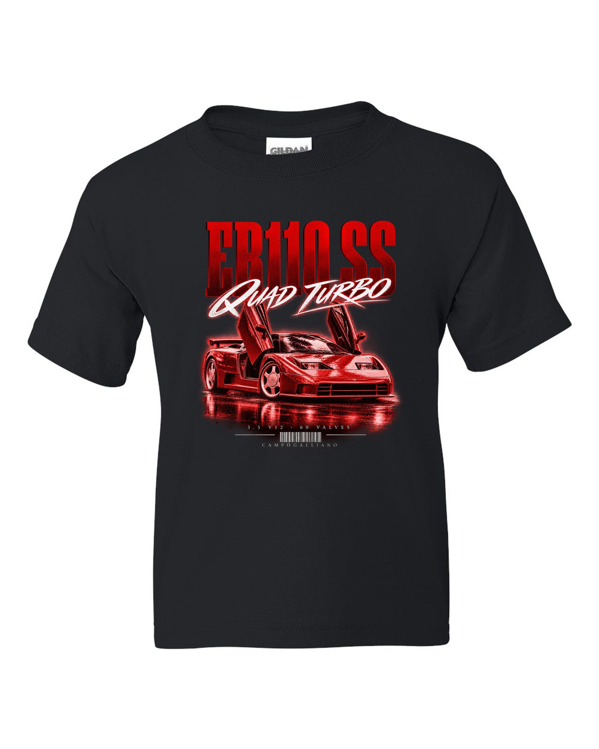 Bugatti EB110 SS 1992 street poster with quad turbo V12 text black kids tee front view with the design
