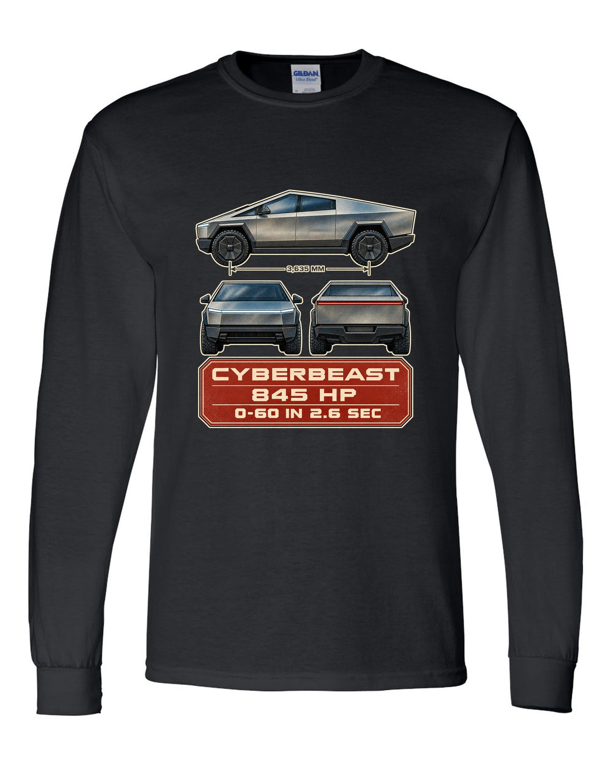 Three-view and spec table print of a Tesla Cybertruck Cyberbeast black long sleeve front view with the design