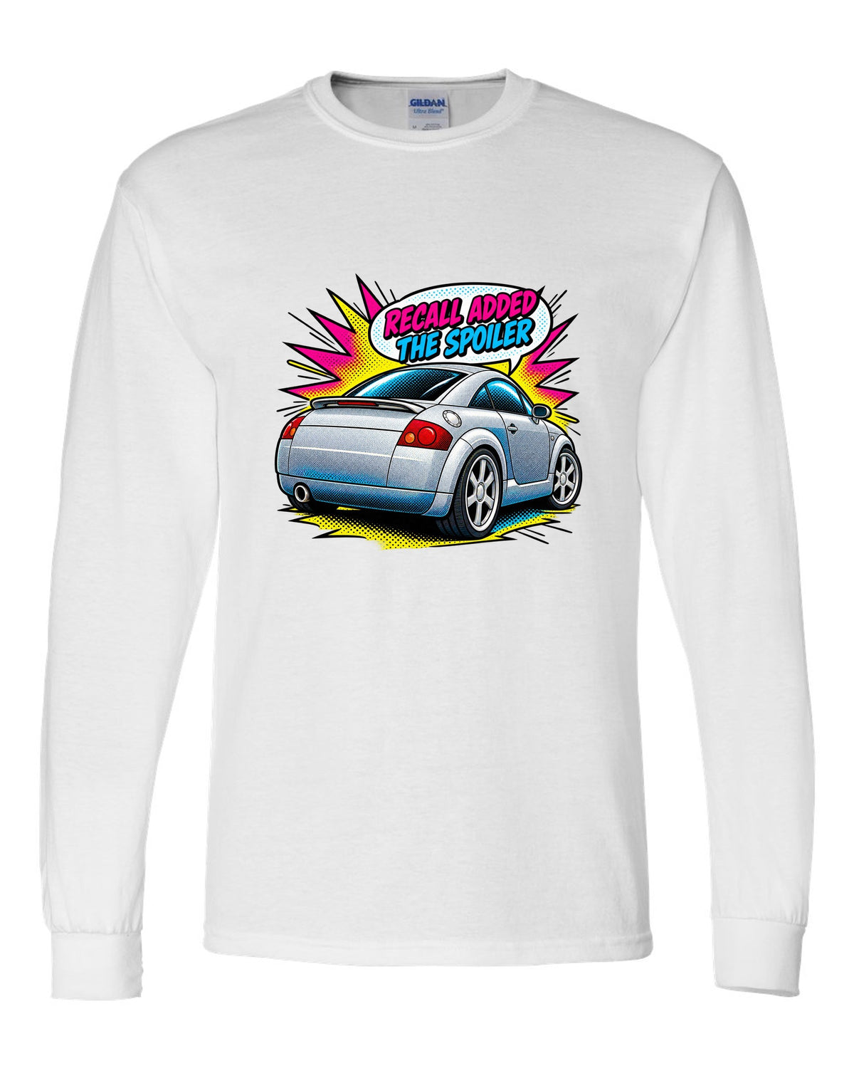 Comic halftone pop art print of an Audi TT Coupe 8N with spoiler recall caption white long sleeve front view with the design