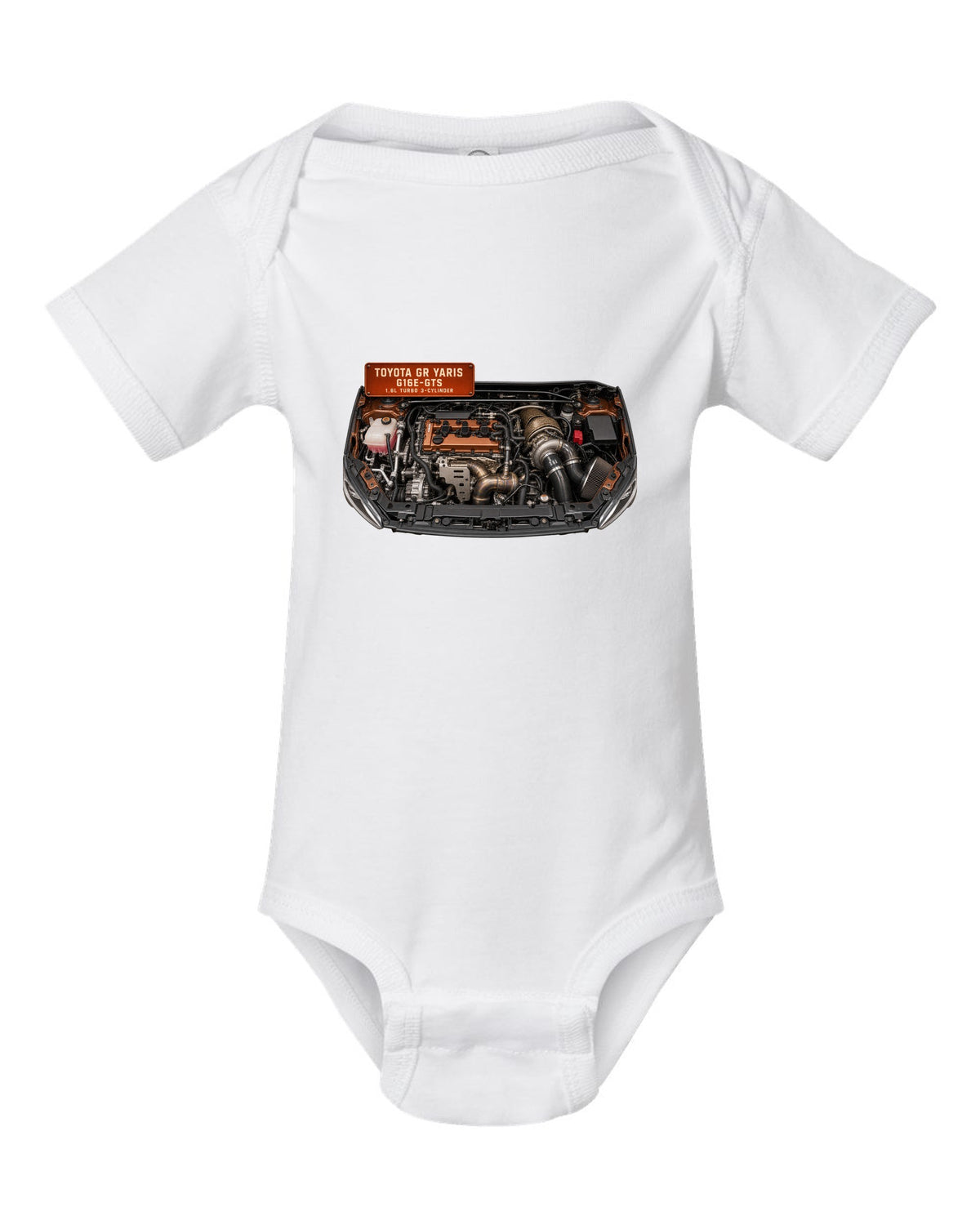 Toyota GR Yaris G16E-GTS three-cylinder turbo engine bay illustration white baby onesie front view with the design
