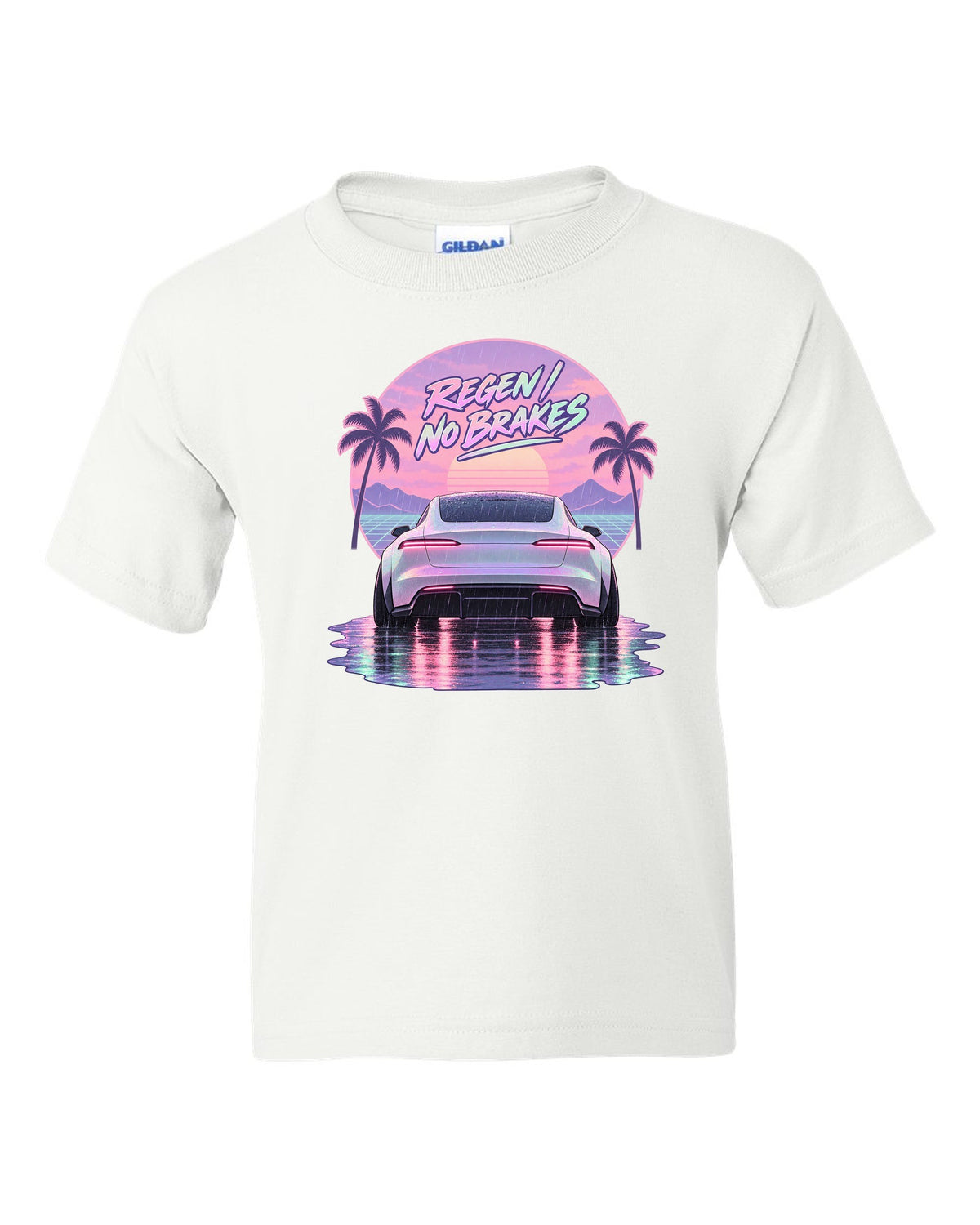 Vaporwave pastel scene of a 2021 Tesla Model S Plaid taillights in rain with the words Regen No Brakes white kids tee front view with the design