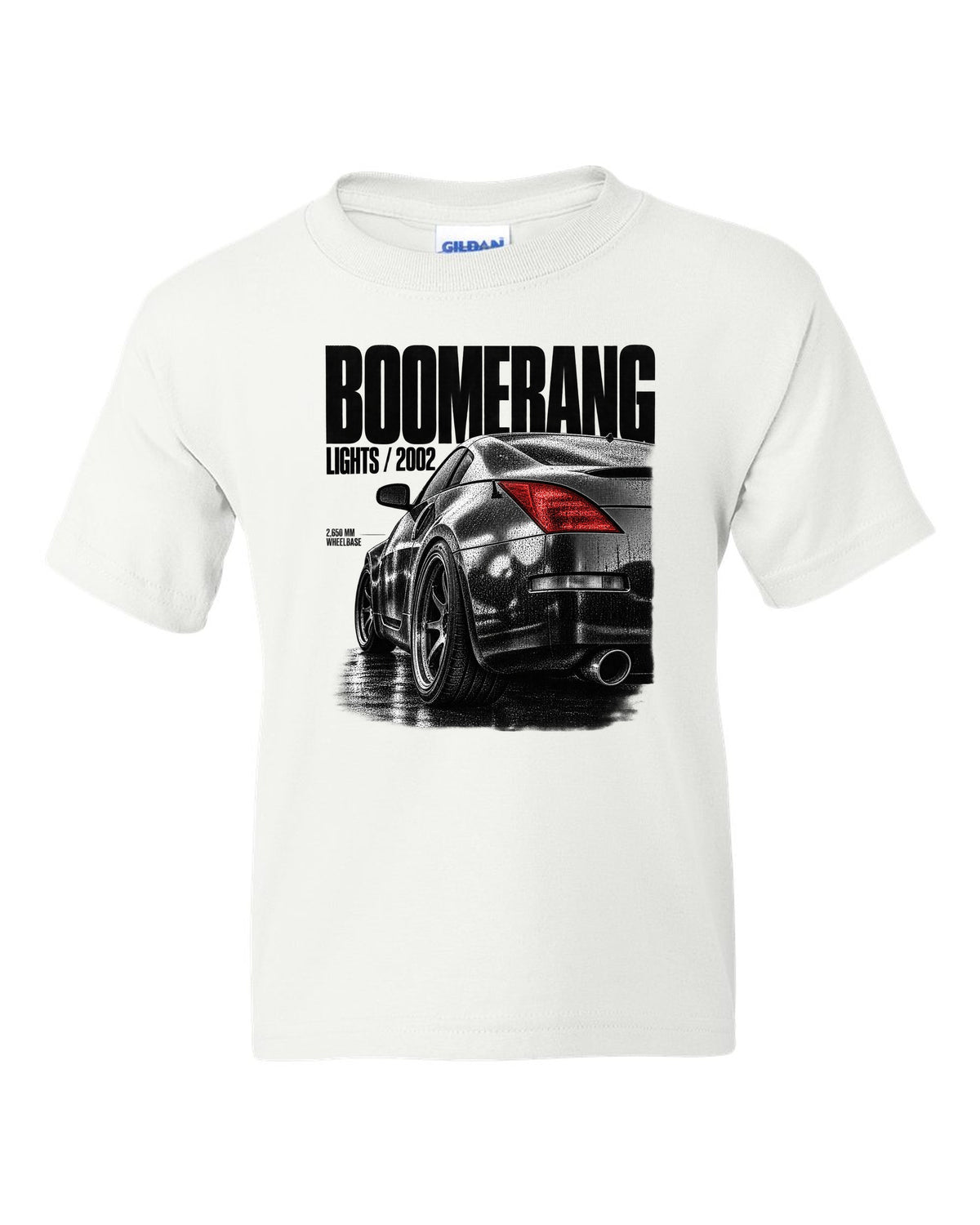 Macro print of Nissan 350Z Z33 boomerang taillights with 2,650 mm wheelbase text white kids tee front view with the design