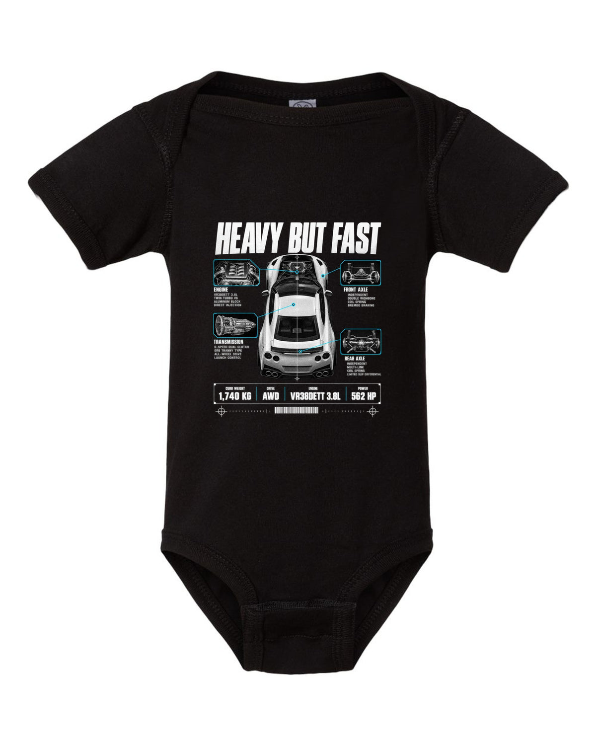 Top-down and profile spec poster of a Nissan GT-R R35 with 1,740 kg curb weight and VR38DETT lettering black baby onesie front view with the design