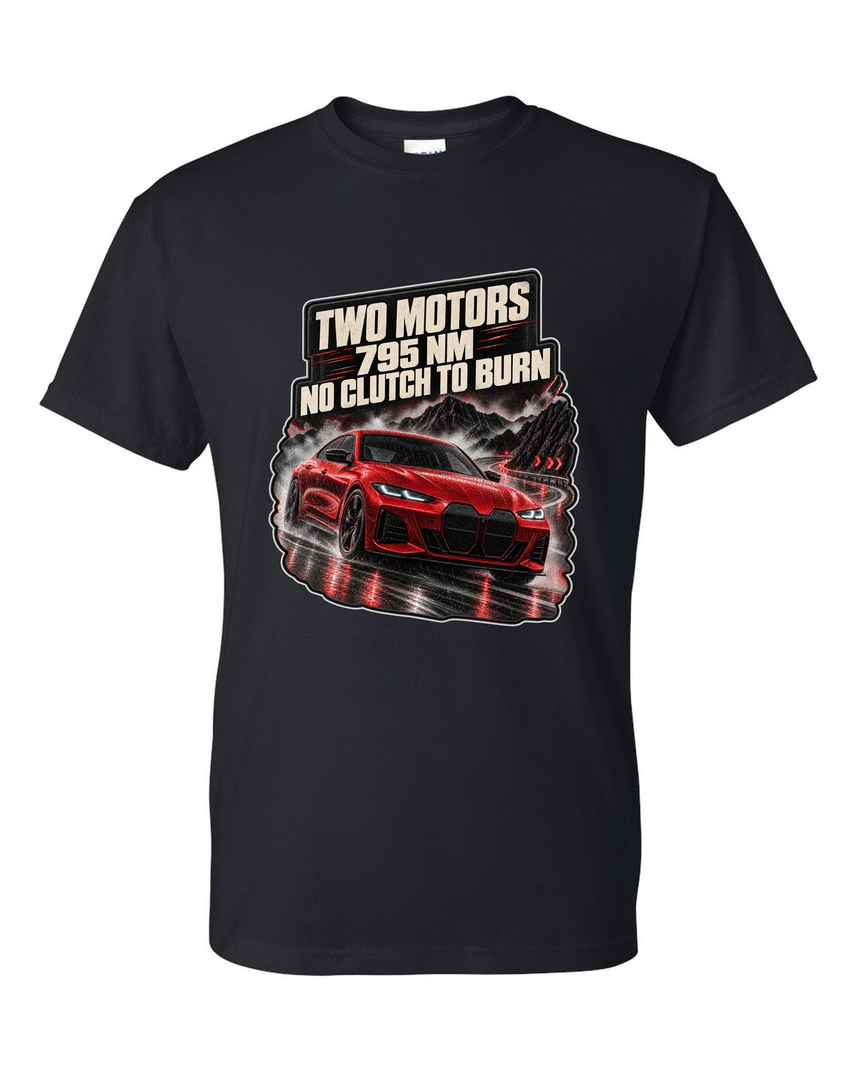 Night touge road print of a BMW i4 M50 G26 with two motors and 795 Nm black t-shirt front view with the design