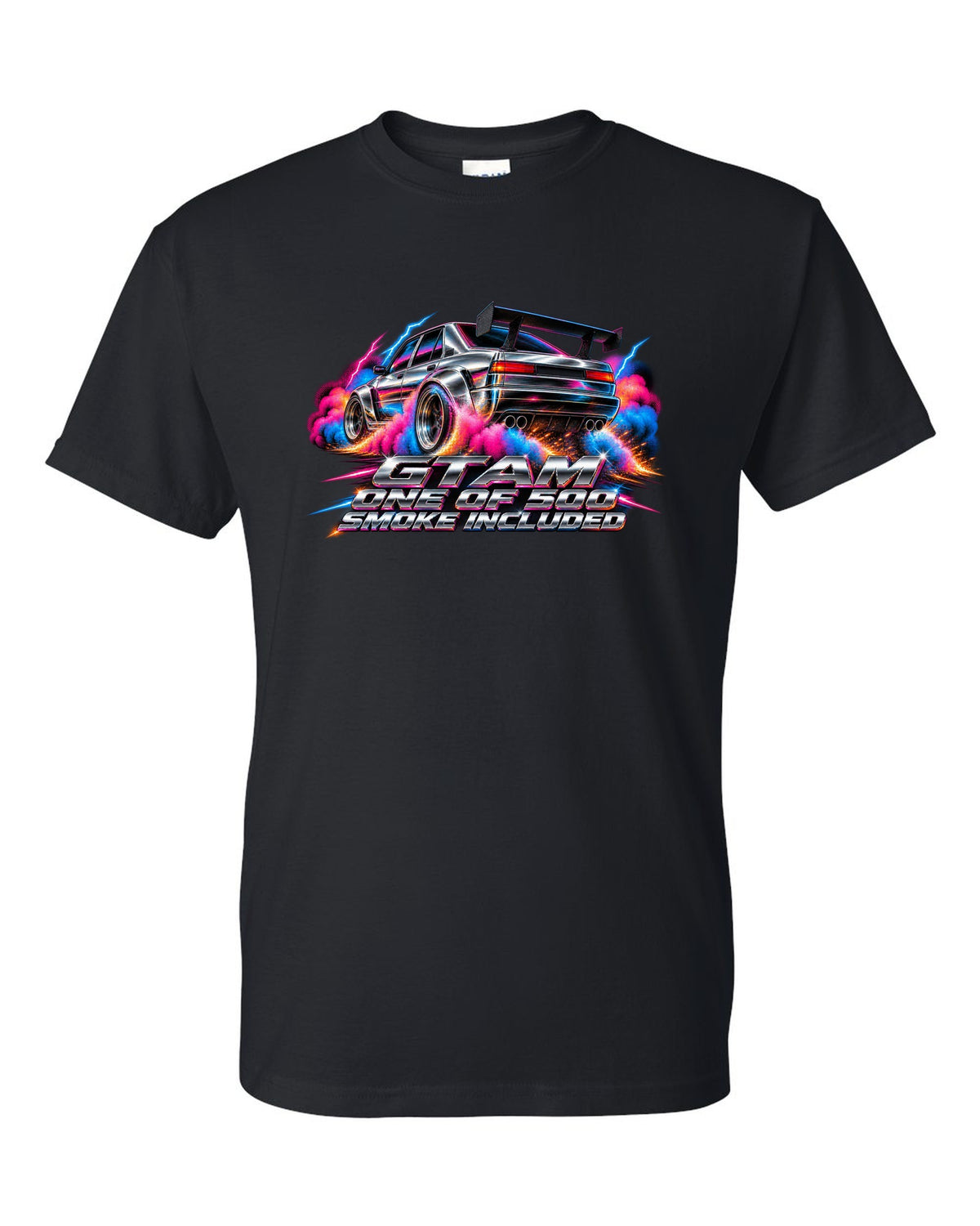 80s airbrush chrome style Alfa Romeo Giulia GTAm with one of 500 smoke included text black t-shirt front view with the design