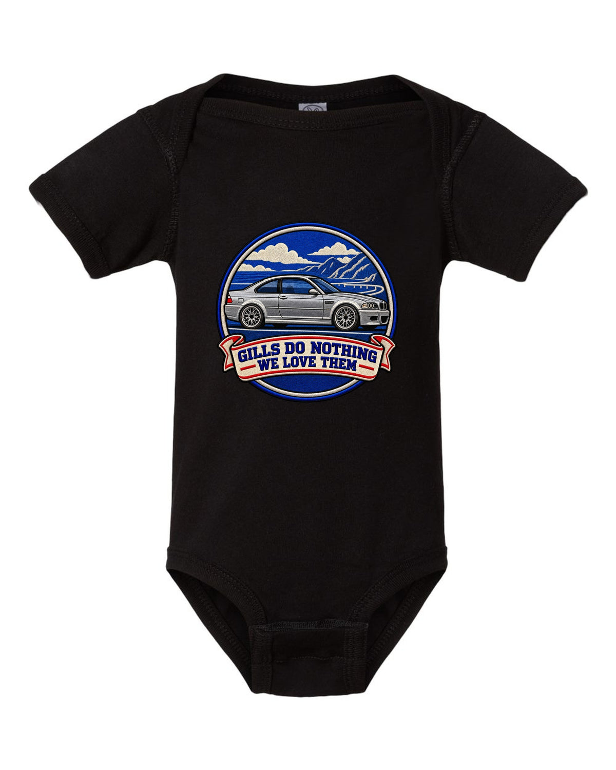 Varsity crest style print of a BMW E46 M3 coupe with gills do nothing we love them text black baby onesie front view with the design