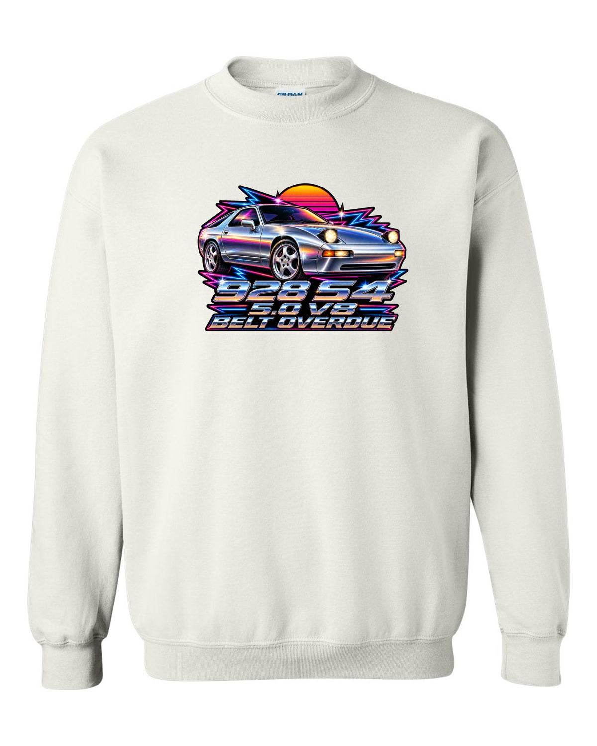 Porsche 928 S4 80s airbrush chrome design with pop-up headlights white crewneck front view with the design
