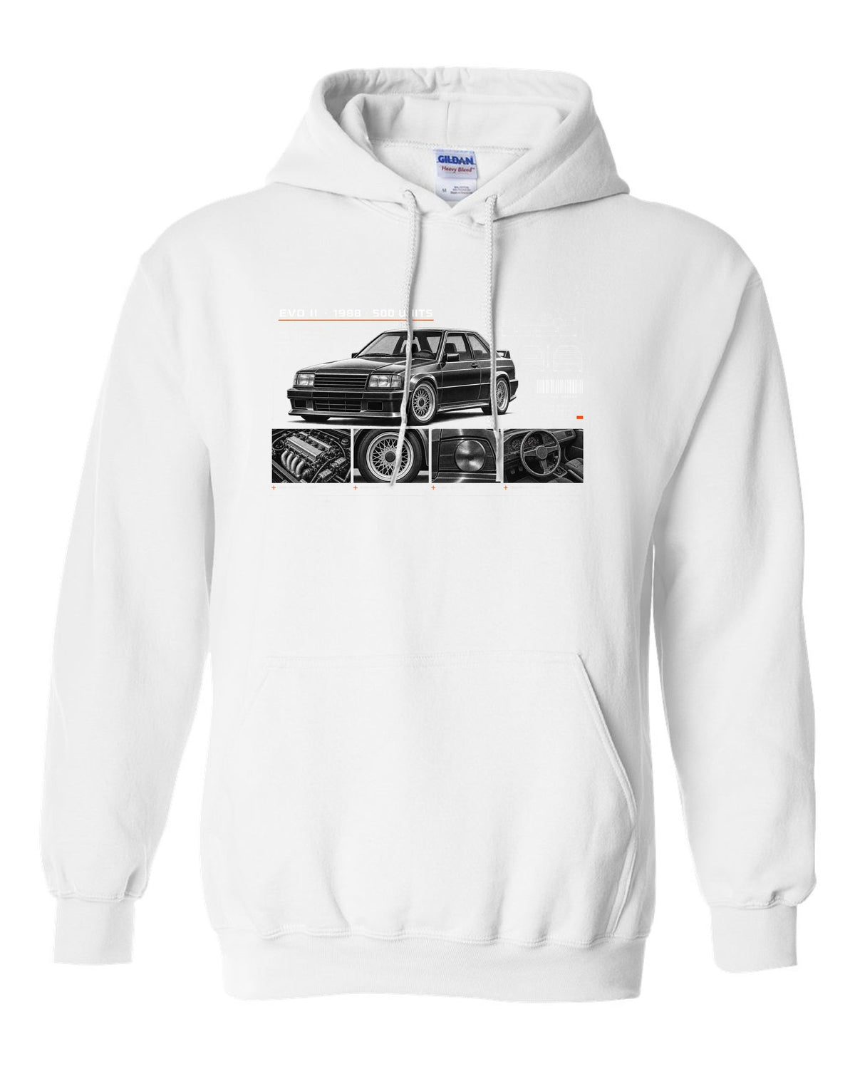 BMW E30 M3 Evo II 1988 dossier panel print with 500 units text white pull over hoodie front view with the design